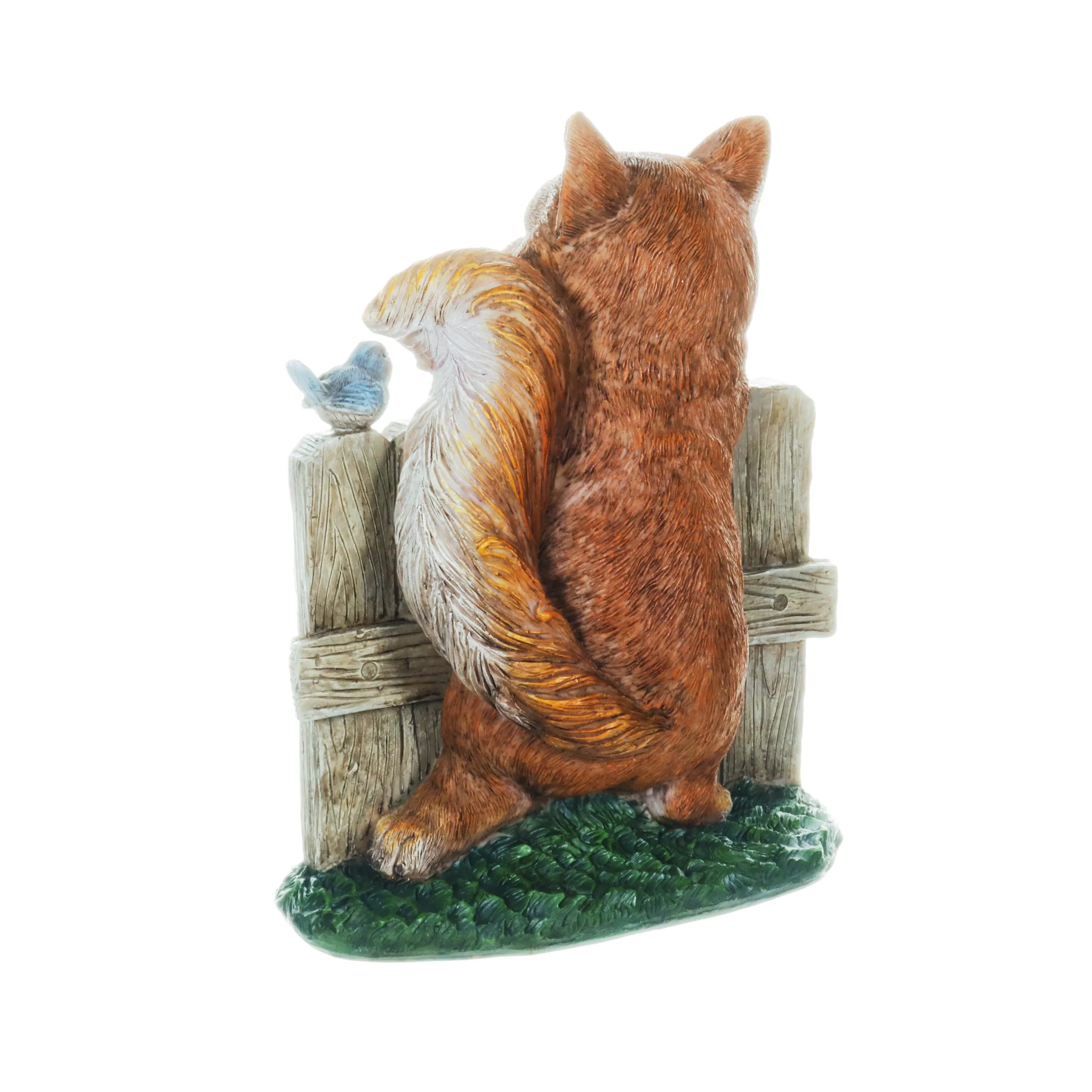 Solar Hand Painted Fox Garden Statue with a Lantern Jar of LED Bumblebees by a Welcome Fence, 9.5 by 11 Inches