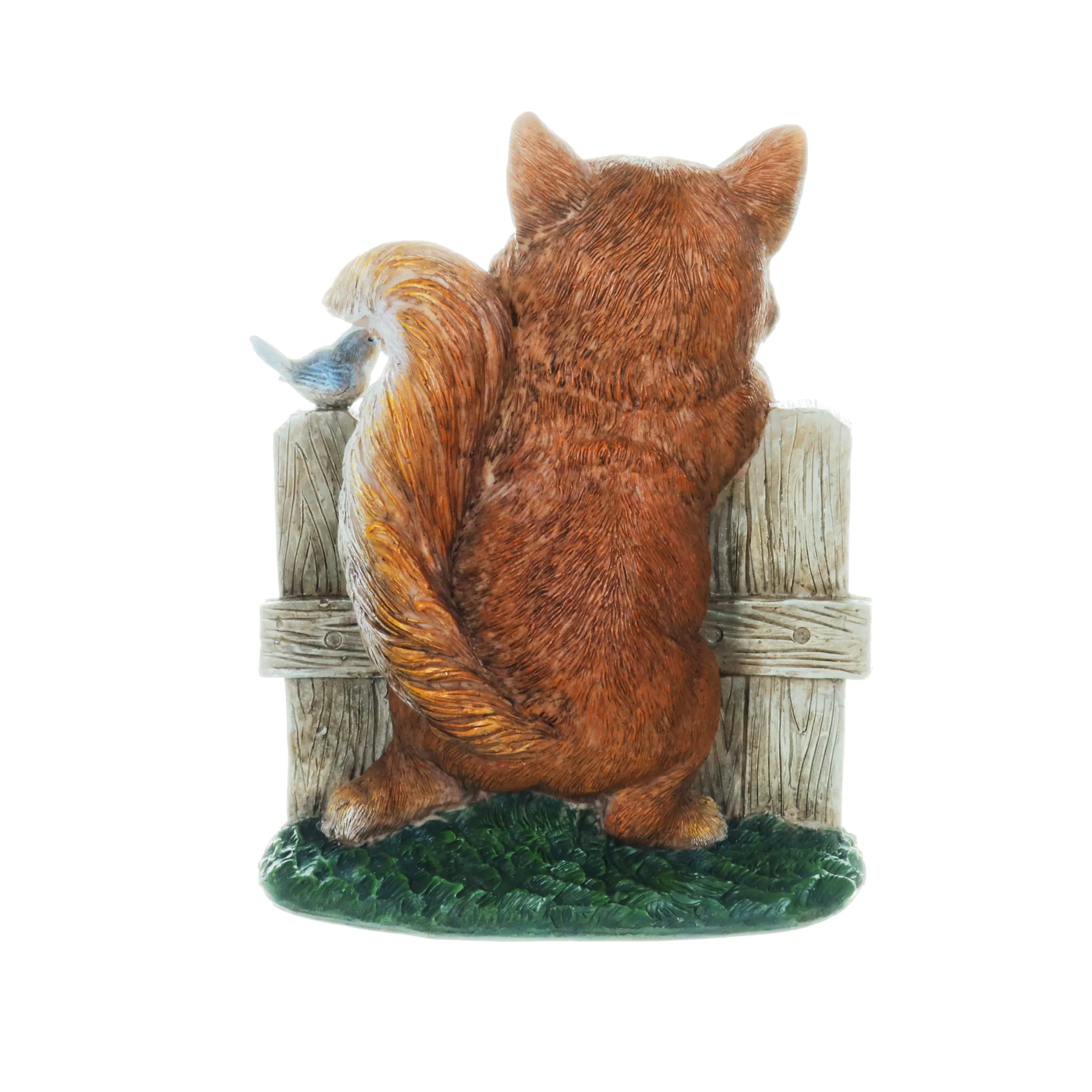 Solar Hand Painted Fox Garden Statue with a Lantern Jar of LED Bumblebees by a Welcome Fence, 9.5 by 11 Inches