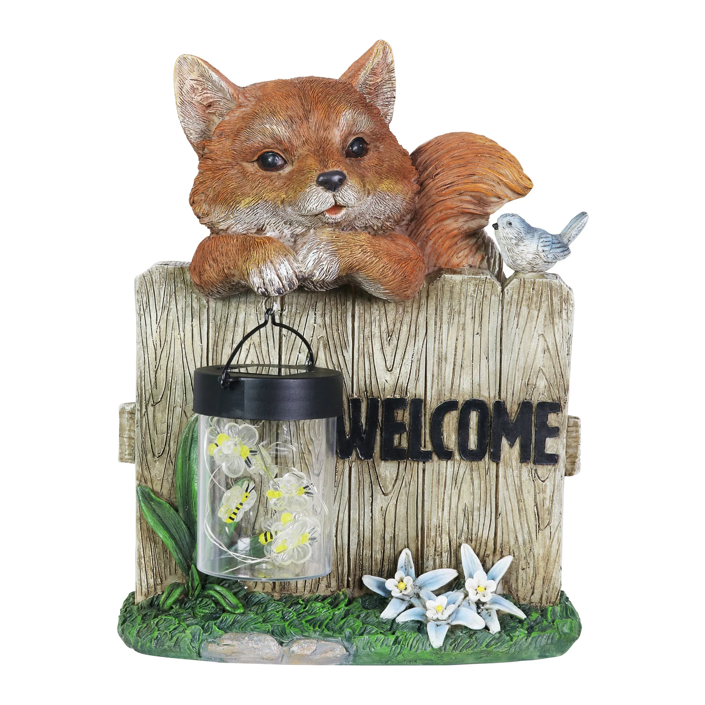 Solar Hand Painted Fox Garden Statue with a Lantern Jar of LED Bumblebees by a Welcome Fence, 9.5 by 11 Inches