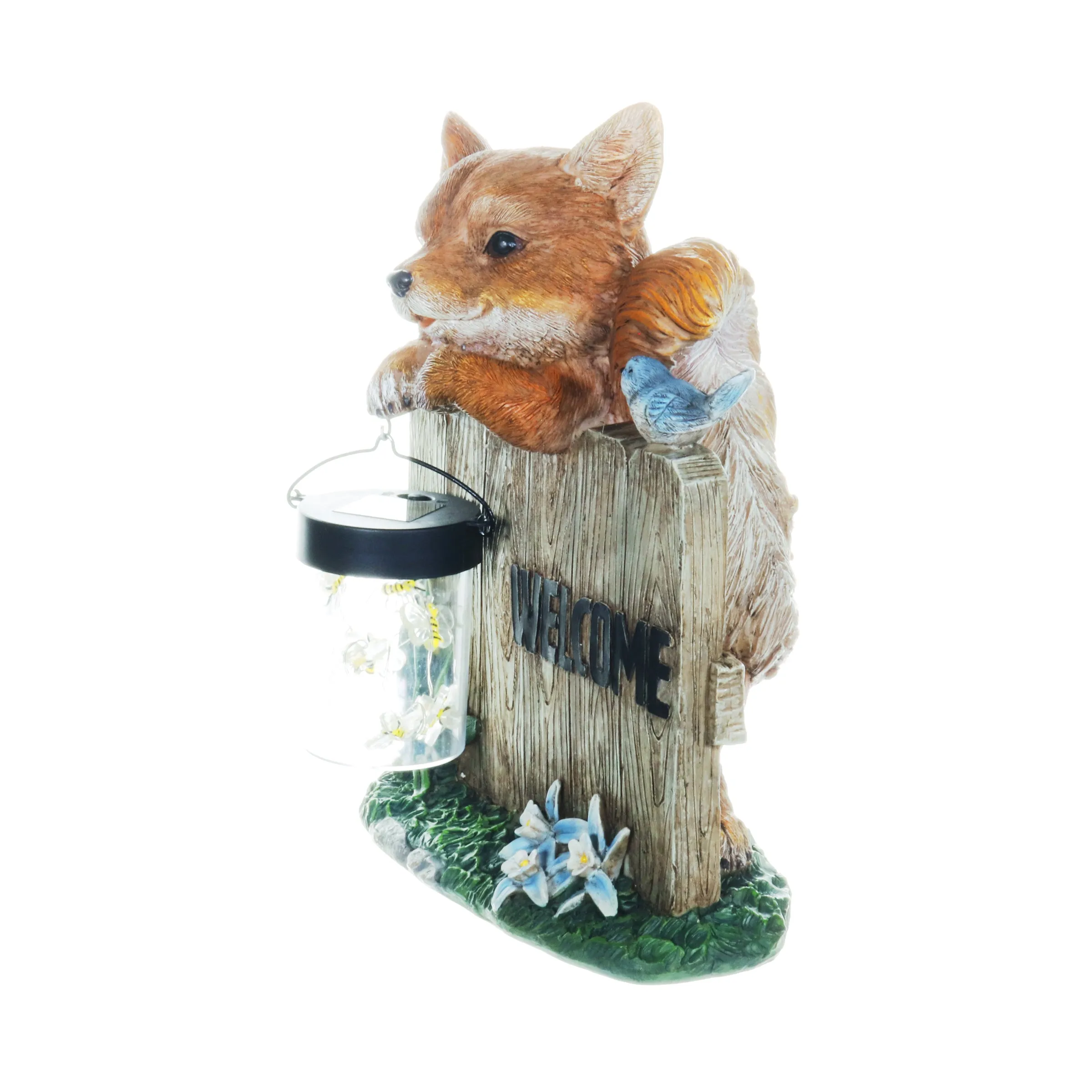 Solar Hand Painted Fox Garden Statue with a Lantern Jar of LED Bumblebees by a Welcome Fence, 9.5 by 11 Inches