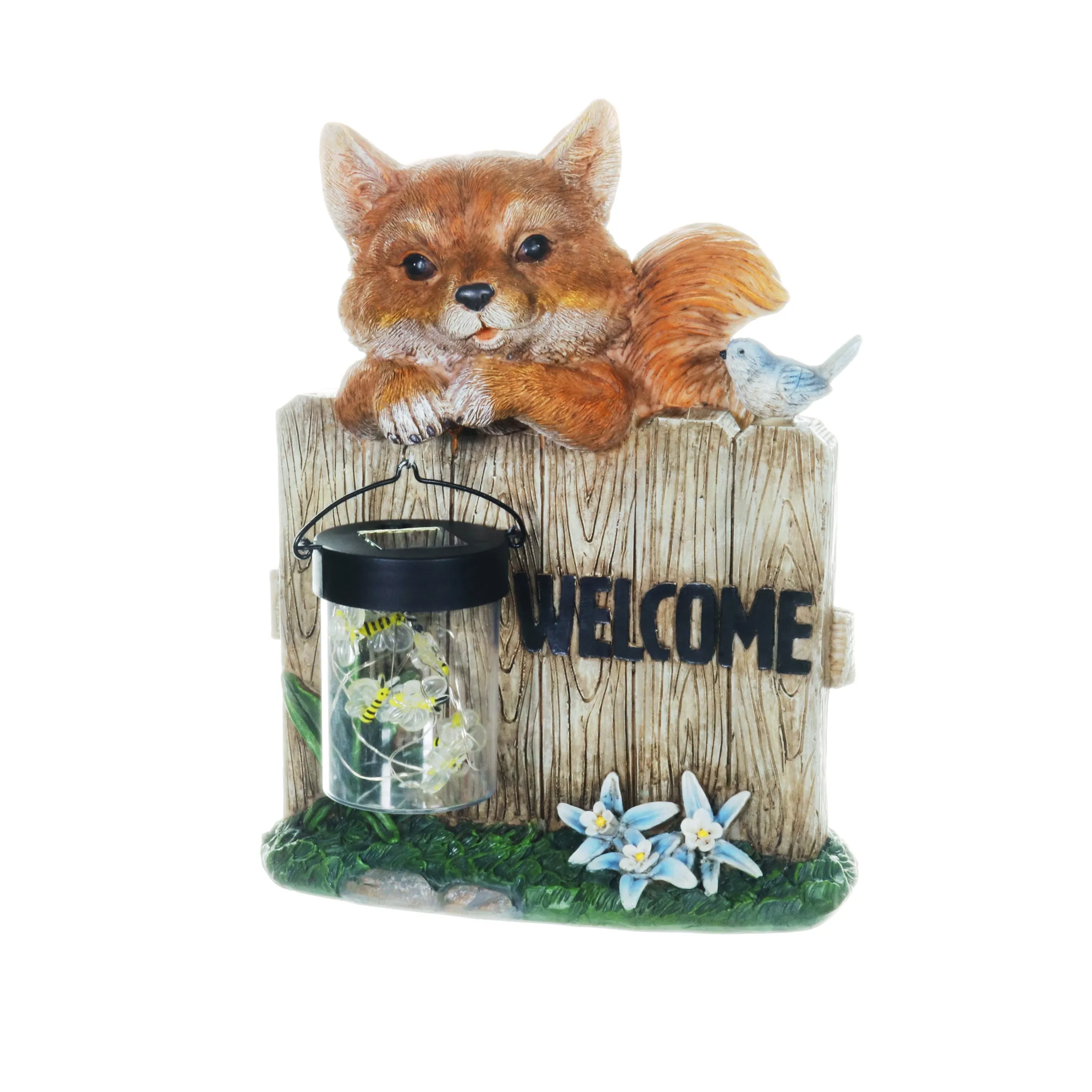 Solar Hand Painted Fox Garden Statue with a Lantern Jar of LED Bumblebees by a Welcome Fence, 9.5 by 11 Inches
