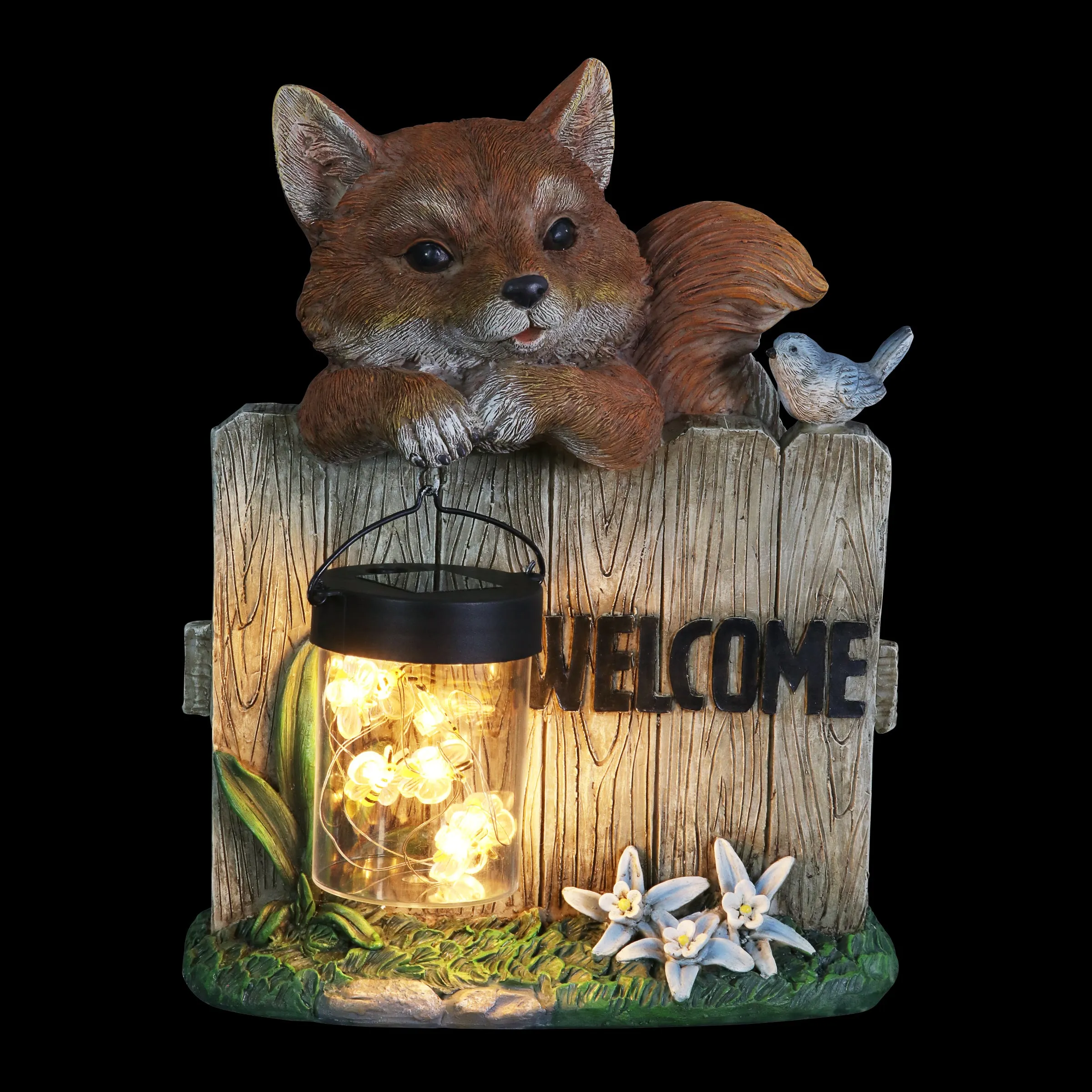 Solar Hand Painted Fox Garden Statue with a Lantern Jar of LED Bumblebees by a Welcome Fence, 9.5 by 11 Inches