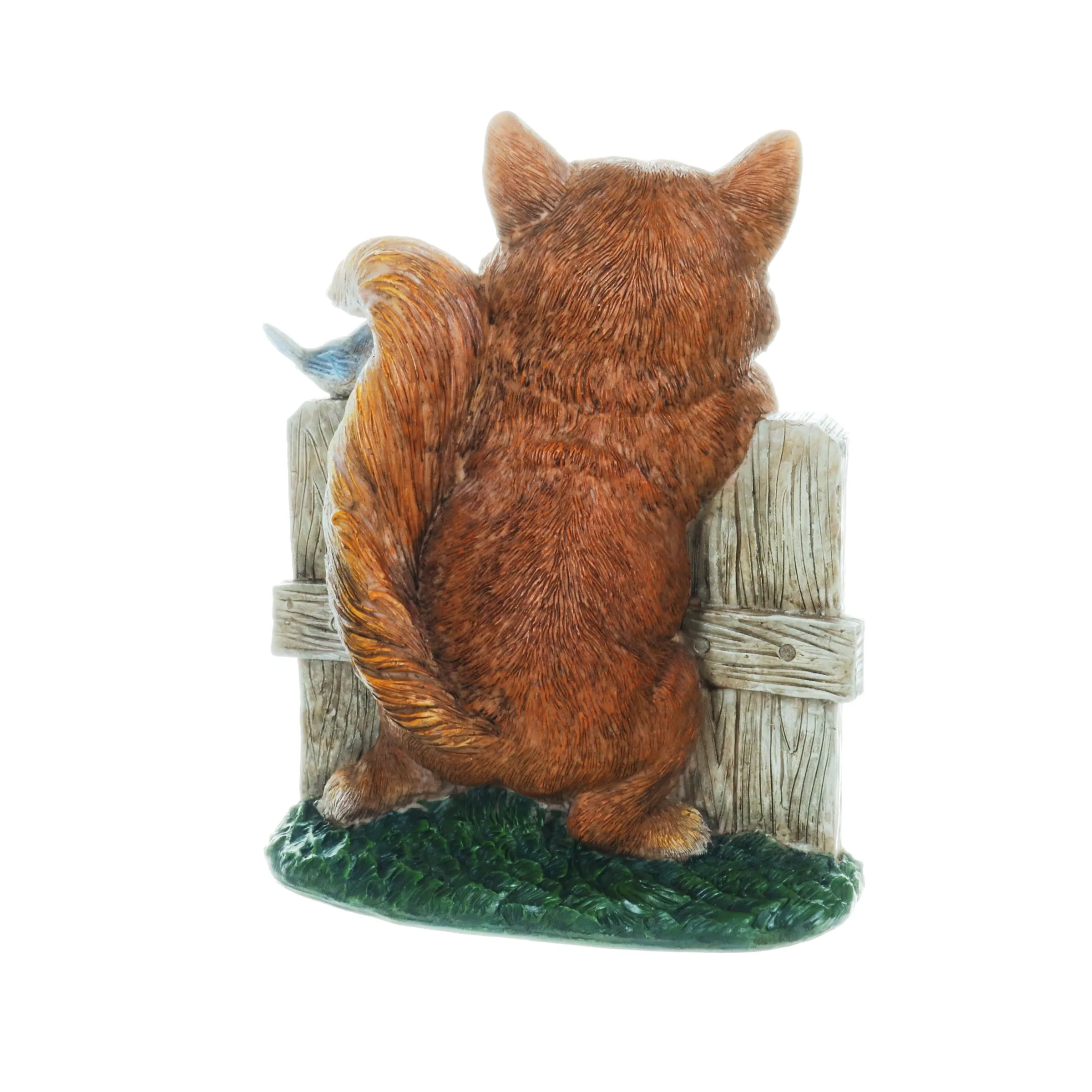 Solar Hand Painted Fox Garden Statue with a Lantern Jar of LED Bumblebees by a Welcome Fence, 9.5 by 11 Inches