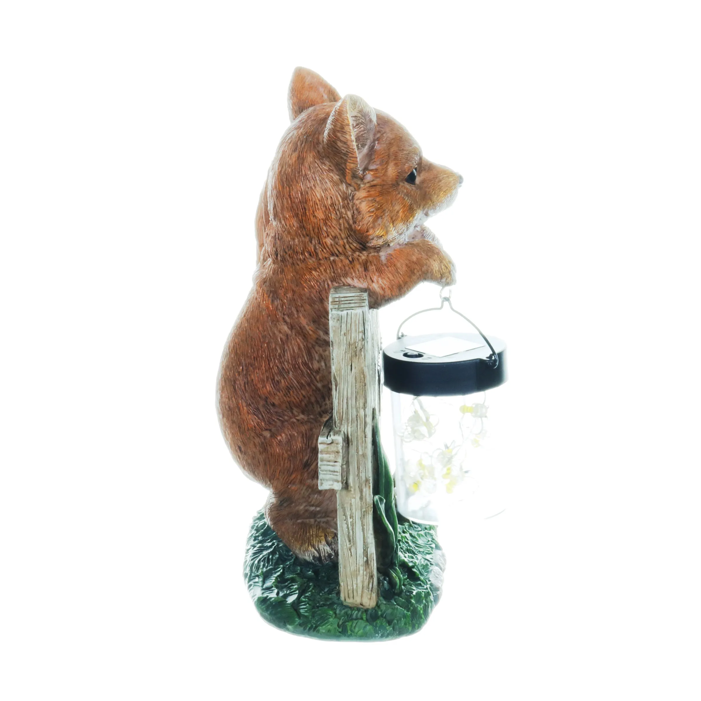 Solar Hand Painted Fox Garden Statue with a Lantern Jar of LED Bumblebees by a Welcome Fence, 9.5 by 11 Inches