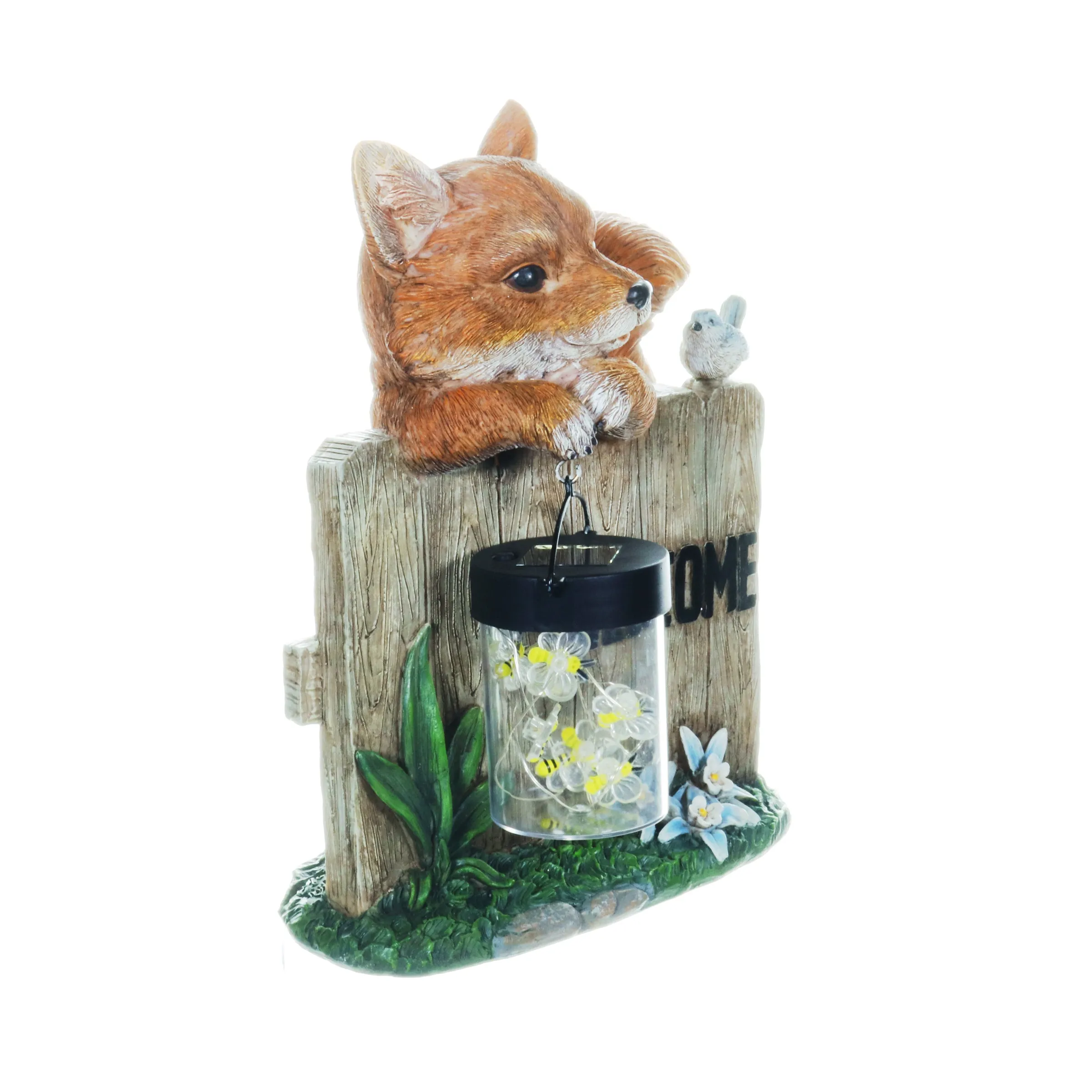 Solar Hand Painted Fox Garden Statue with a Lantern Jar of LED Bumblebees by a Welcome Fence, 9.5 by 11 Inches