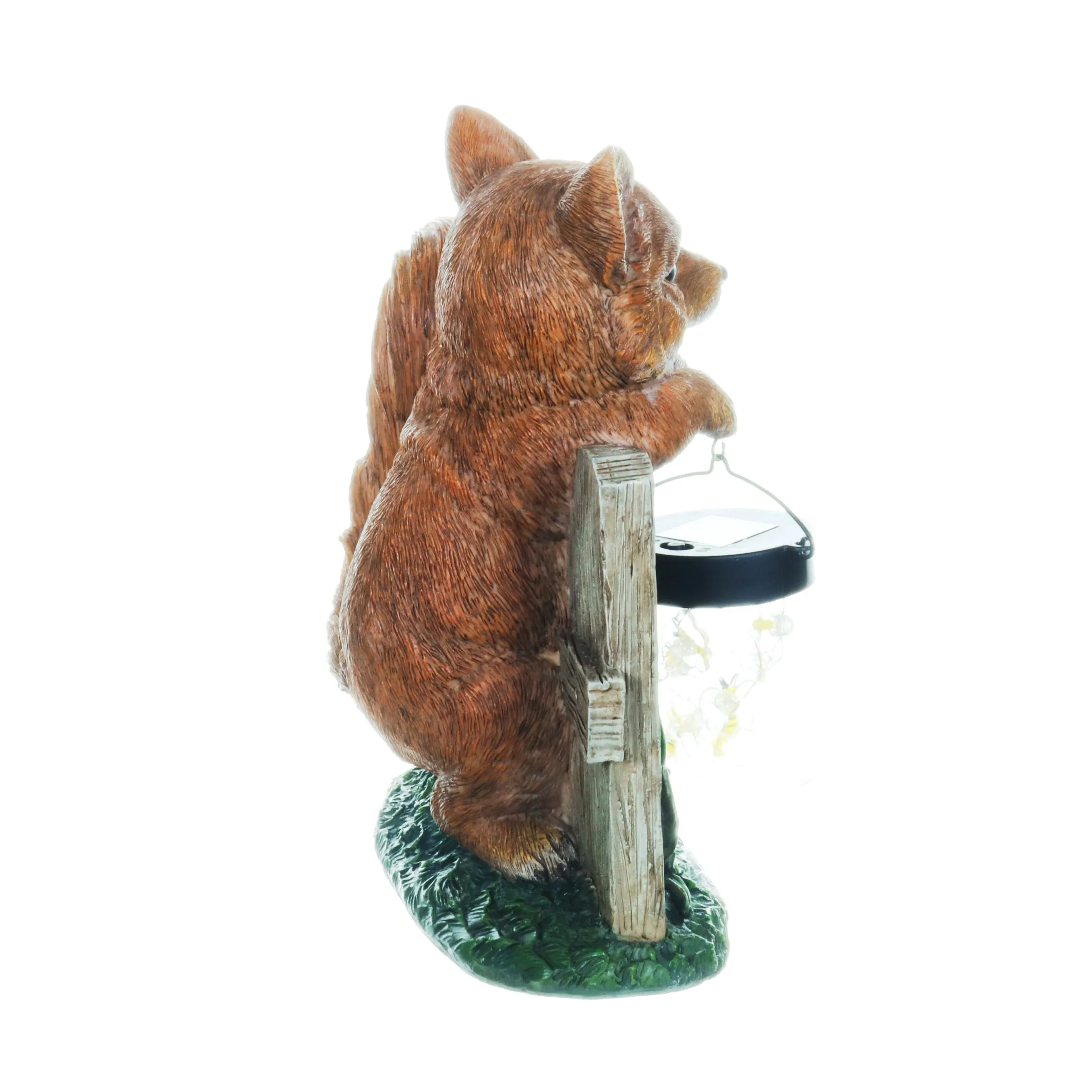 Solar Hand Painted Fox Garden Statue with a Lantern Jar of LED Bumblebees by a Welcome Fence, 9.5 by 11 Inches