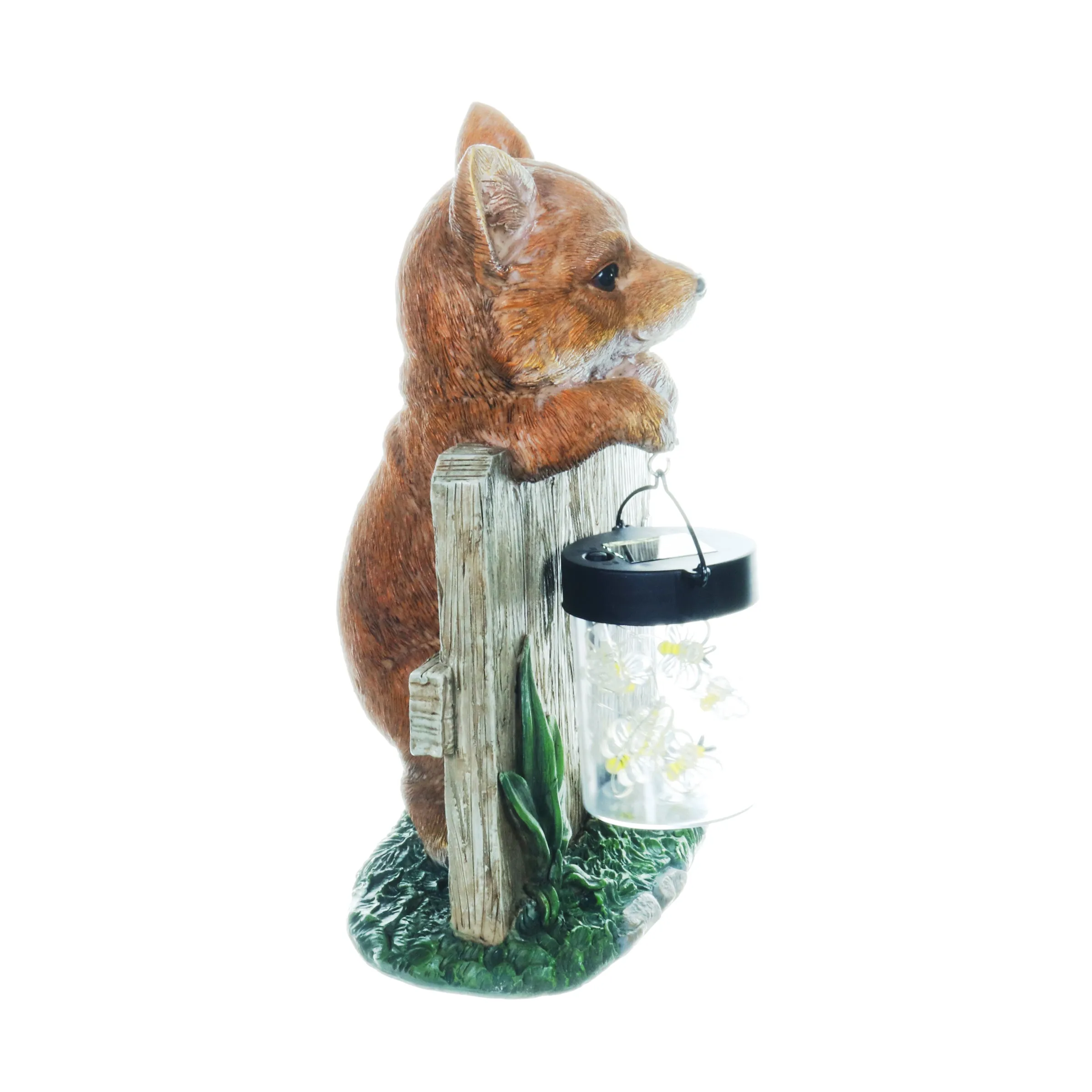 Solar Hand Painted Fox Garden Statue with a Lantern Jar of LED Bumblebees by a Welcome Fence, 9.5 by 11 Inches