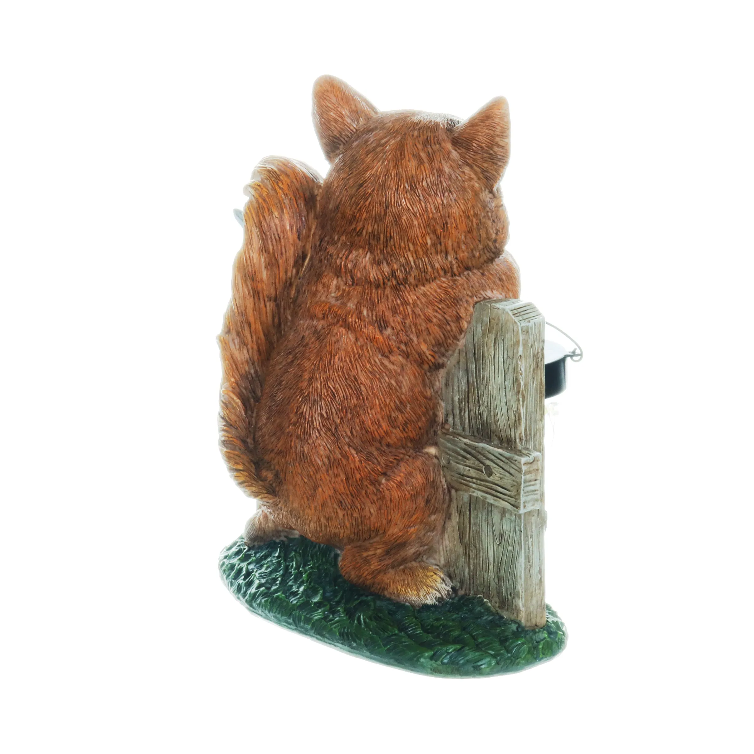 Solar Hand Painted Fox Garden Statue with a Lantern Jar of LED Bumblebees by a Welcome Fence, 9.5 by 11 Inches