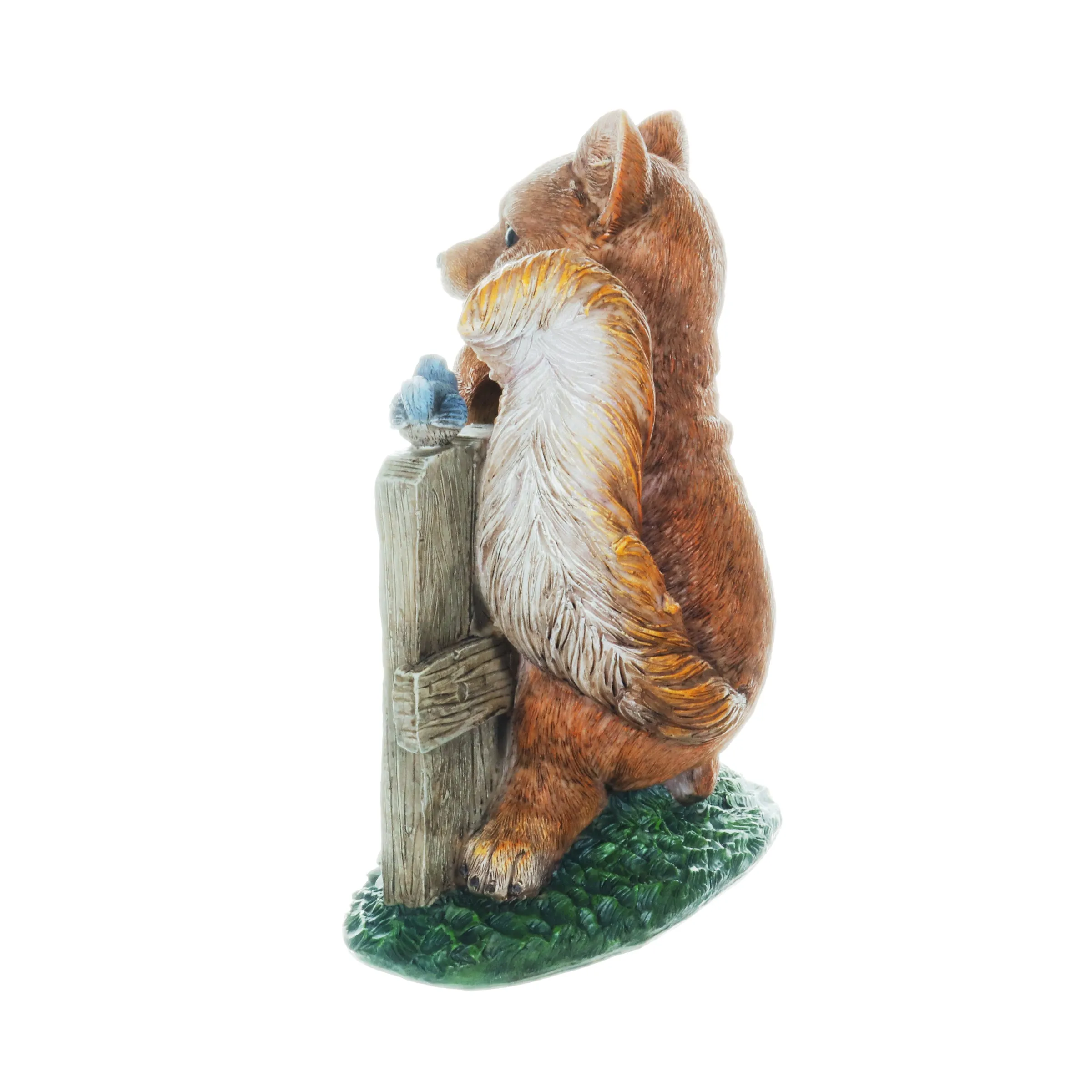 Solar Hand Painted Fox Garden Statue with a Lantern Jar of LED Bumblebees by a Welcome Fence, 9.5 by 11 Inches