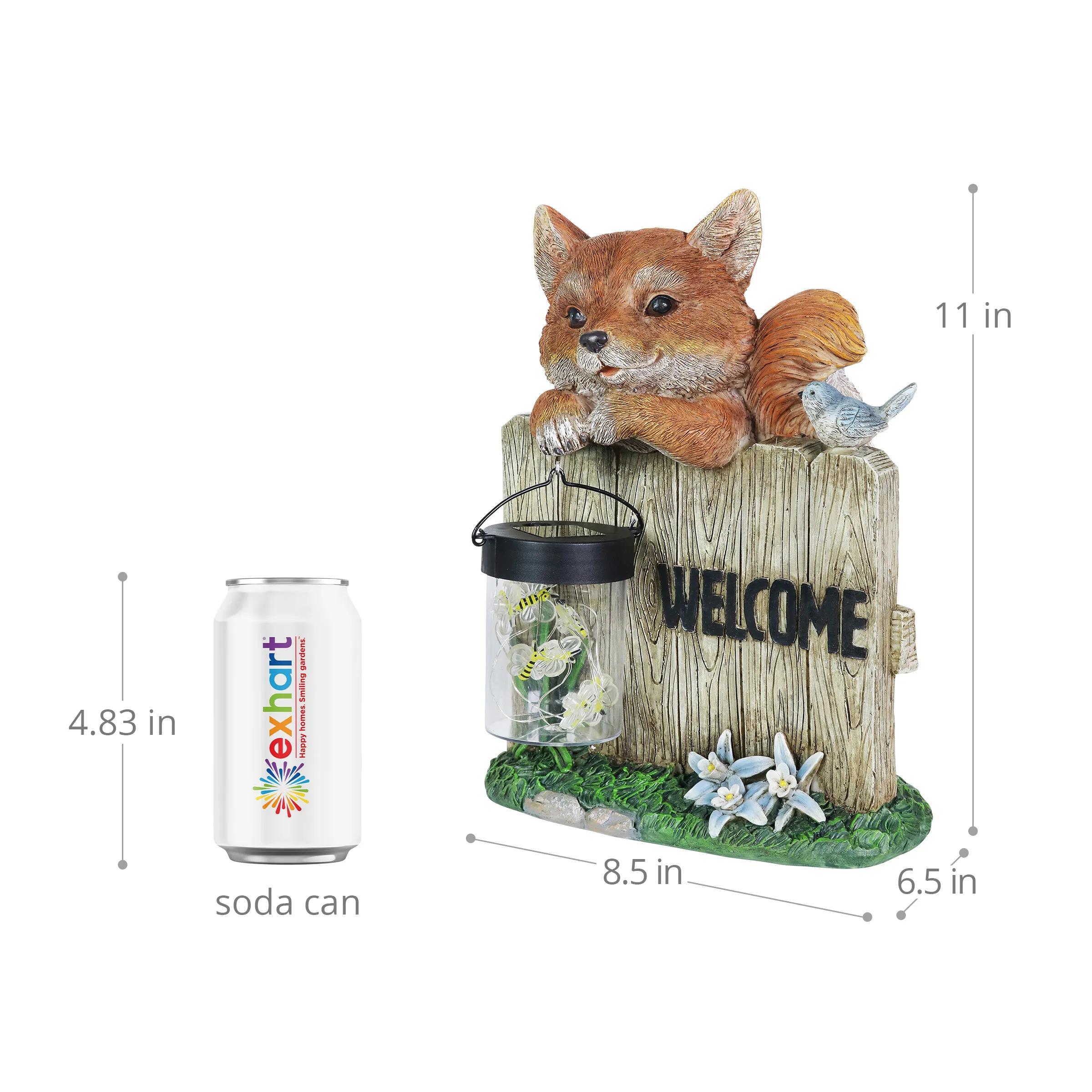 Solar Hand Painted Fox Garden Statue with a Lantern Jar of LED Bumblebees by a Welcome Fence, 9.5 by 11 Inches