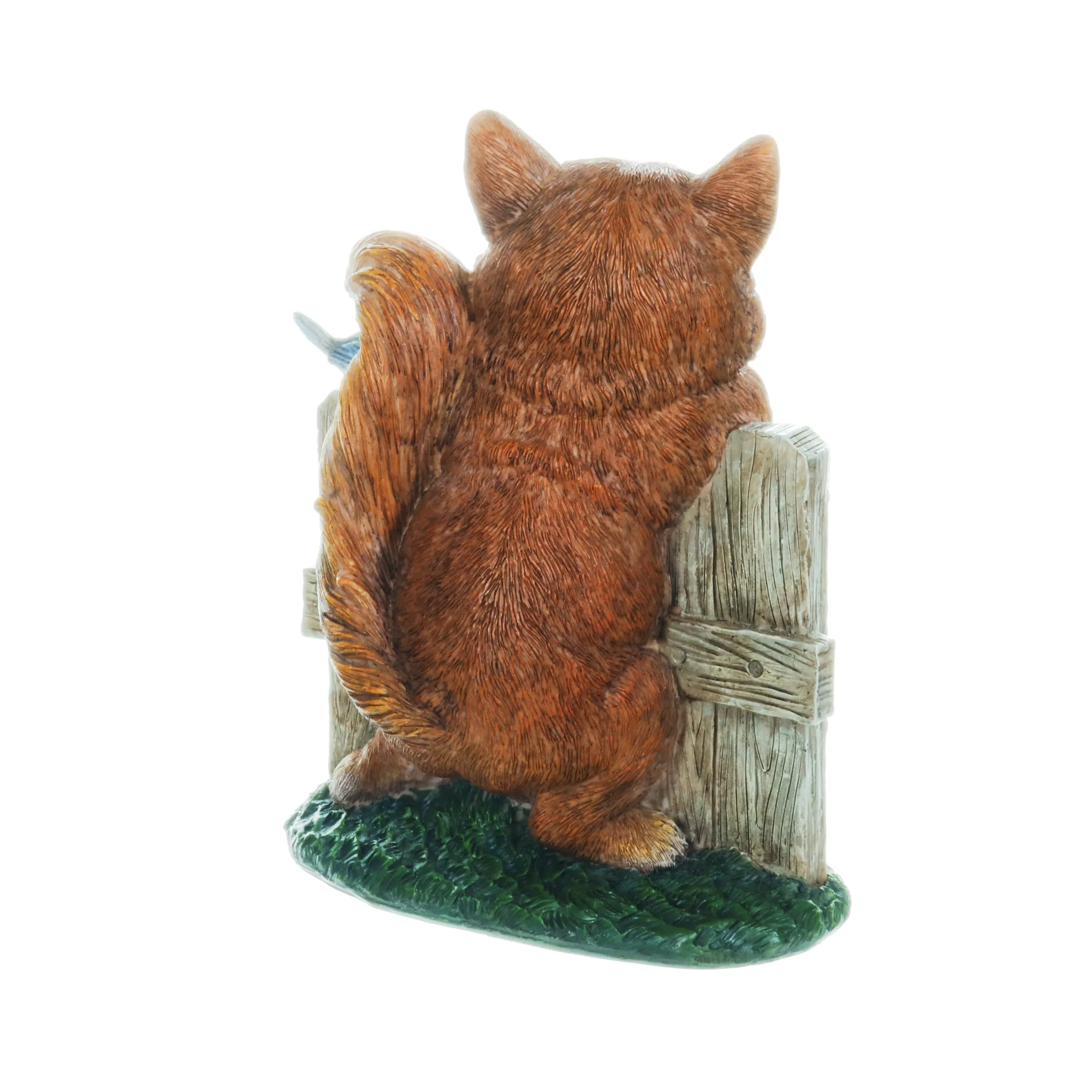 Solar Hand Painted Fox Garden Statue with a Lantern Jar of LED Bumblebees by a Welcome Fence, 9.5 by 11 Inches