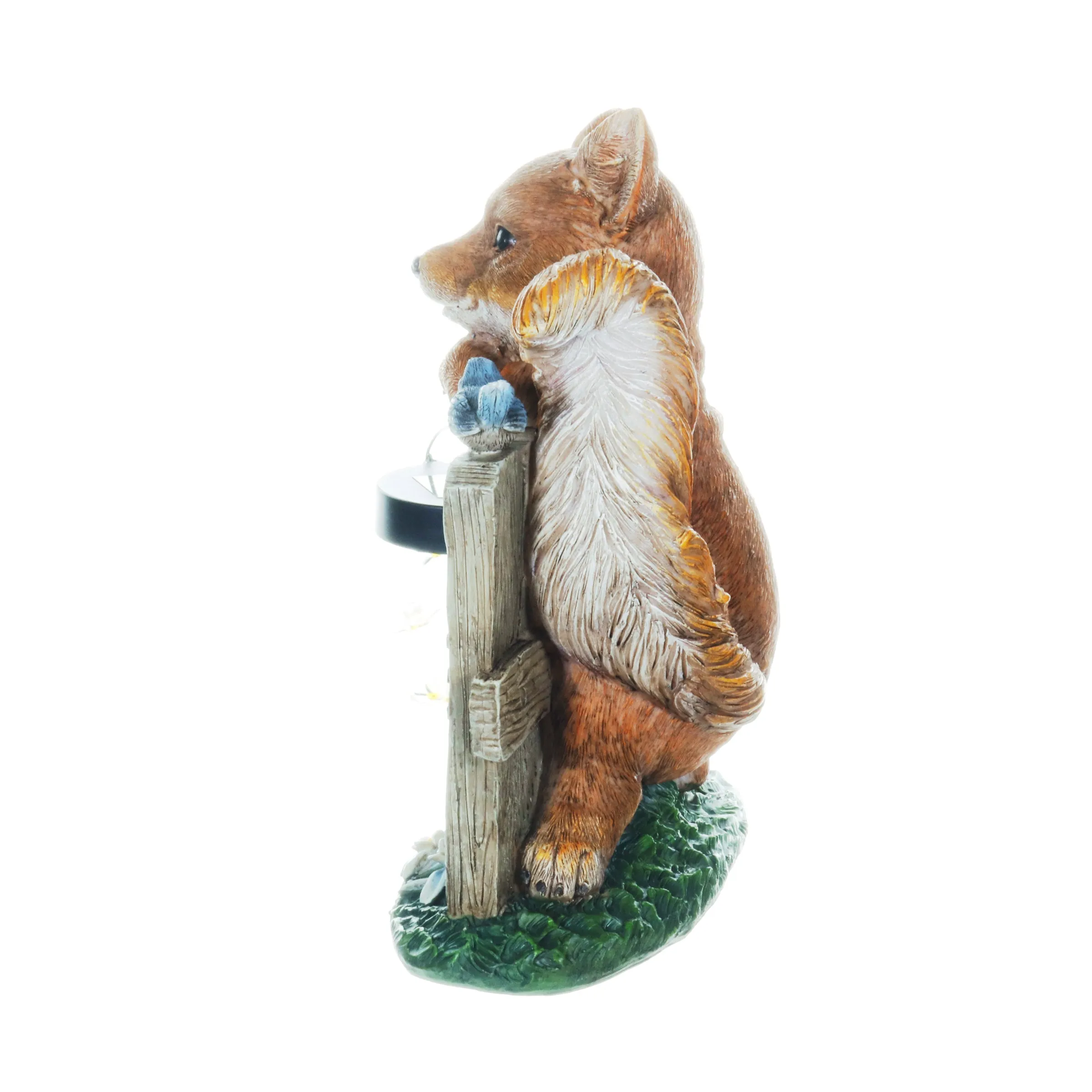 Solar Hand Painted Fox Garden Statue with a Lantern Jar of LED Bumblebees by a Welcome Fence, 9.5 by 11 Inches