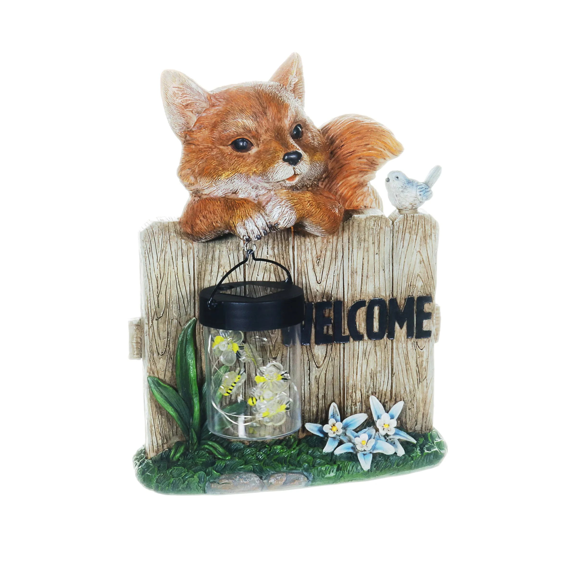 Solar Hand Painted Fox Garden Statue with a Lantern Jar of LED Bumblebees by a Welcome Fence, 9.5 by 11 Inches