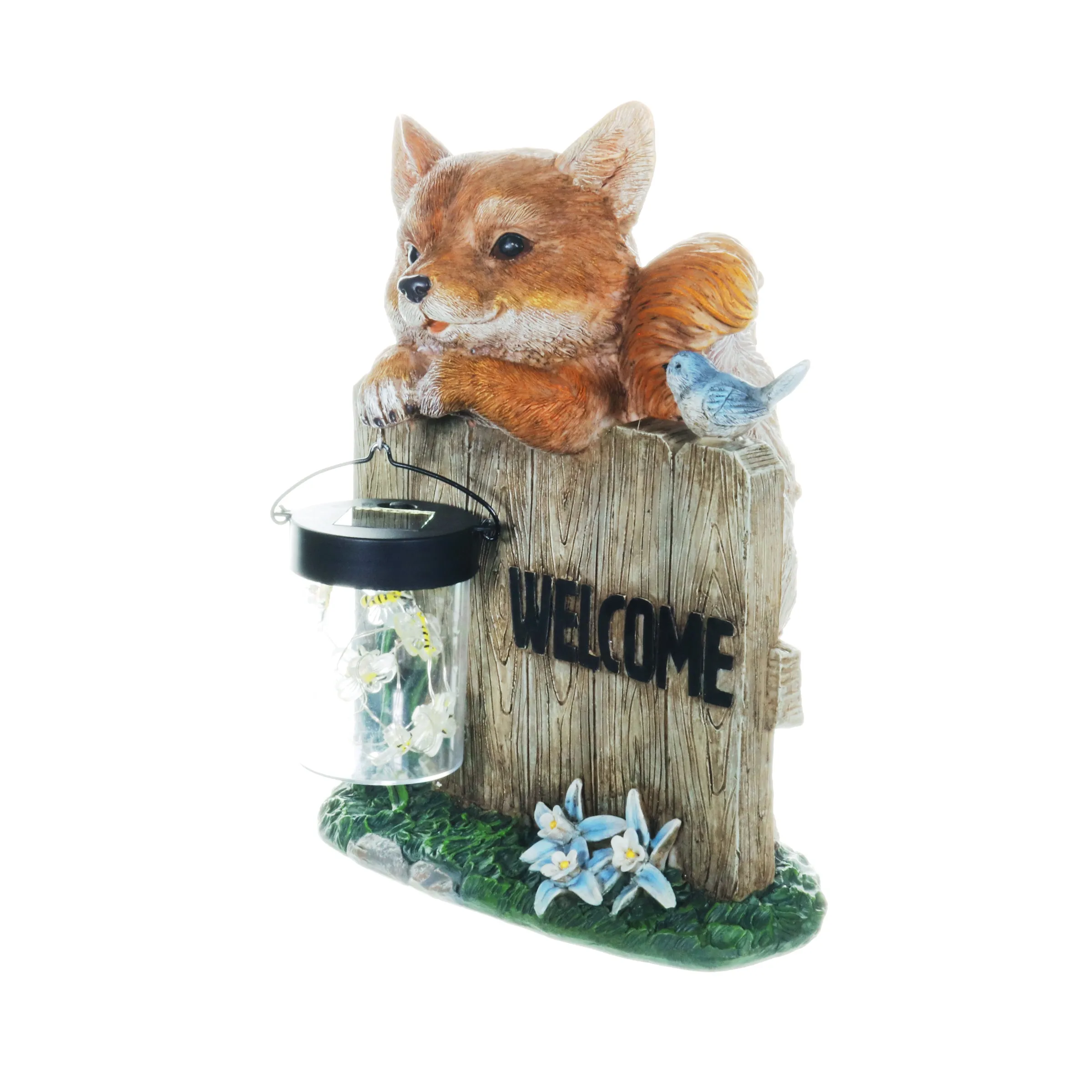 Solar Hand Painted Fox Garden Statue with a Lantern Jar of LED Bumblebees by a Welcome Fence, 9.5 by 11 Inches
