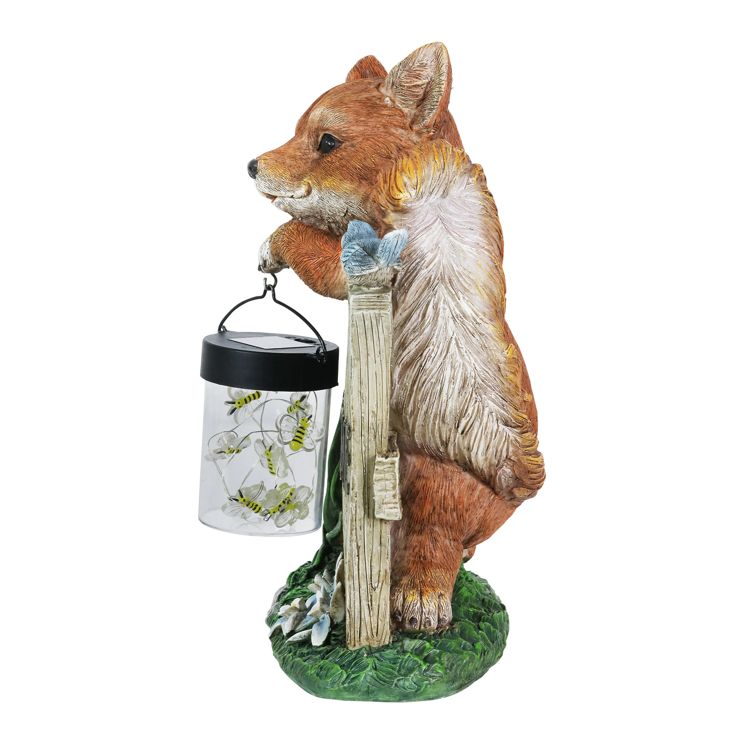Solar Hand Painted Fox Garden Statue with a Lantern Jar of LED Bumblebees by a Welcome Fence, 9.5 by 11 Inches