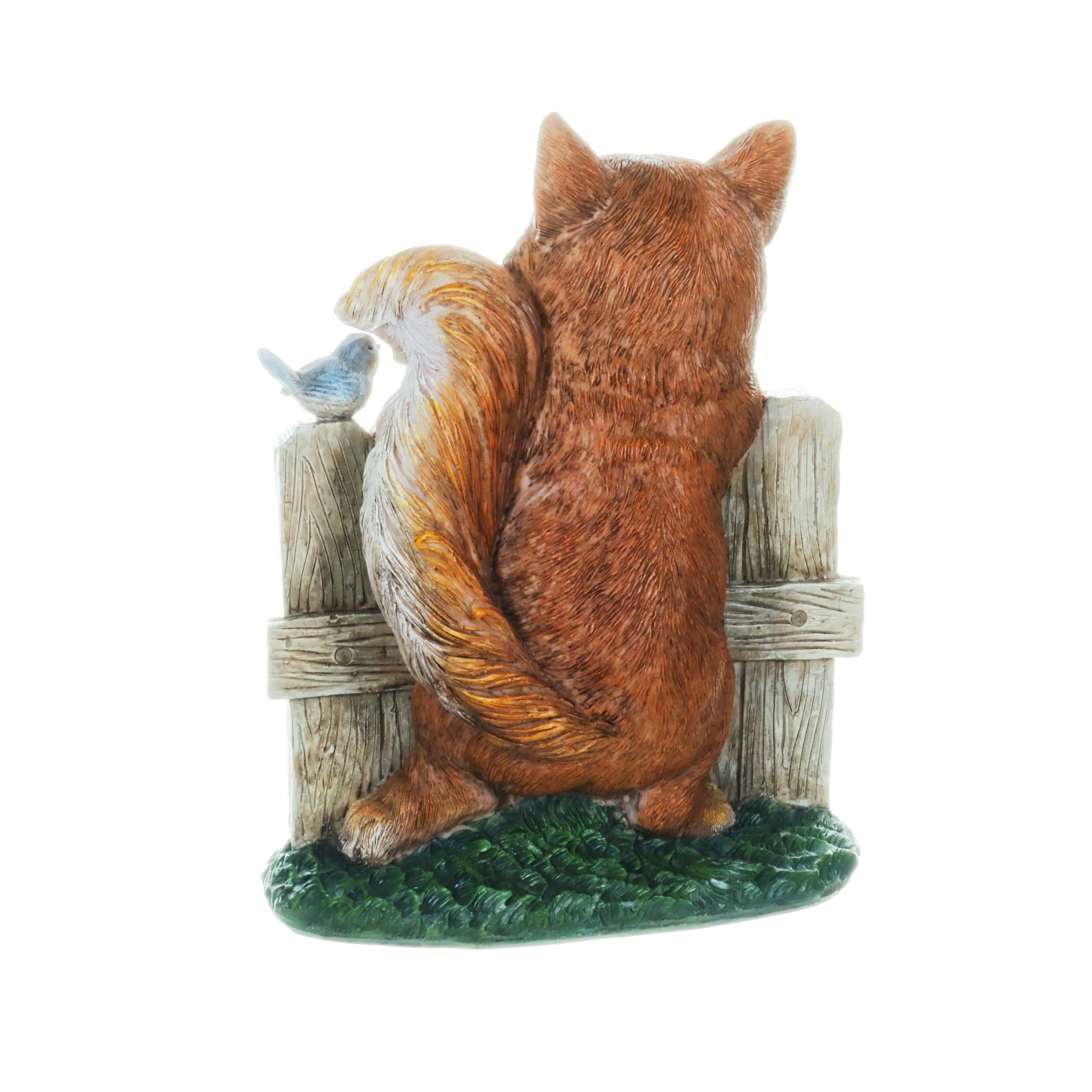Solar Hand Painted Fox Garden Statue with a Lantern Jar of LED Bumblebees by a Welcome Fence, 9.5 by 11 Inches