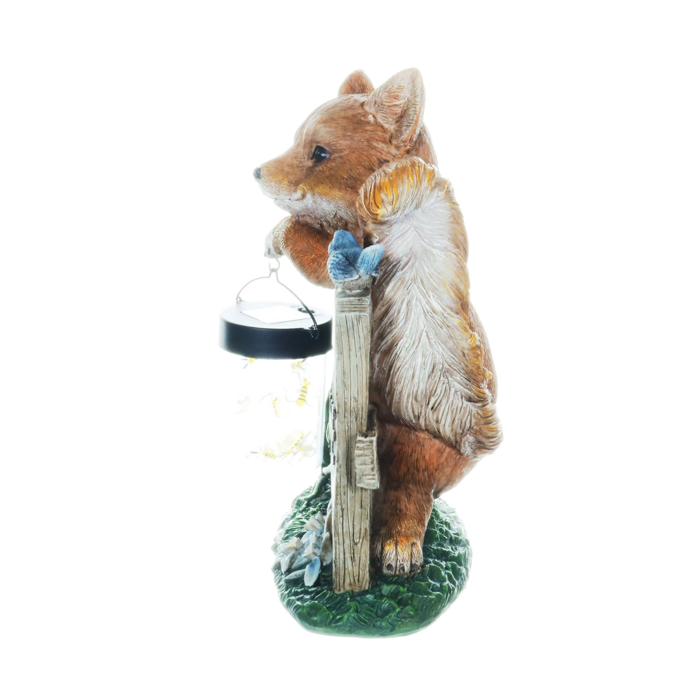 Solar Hand Painted Fox Garden Statue with a Lantern Jar of LED Bumblebees by a Welcome Fence, 9.5 by 11 Inches