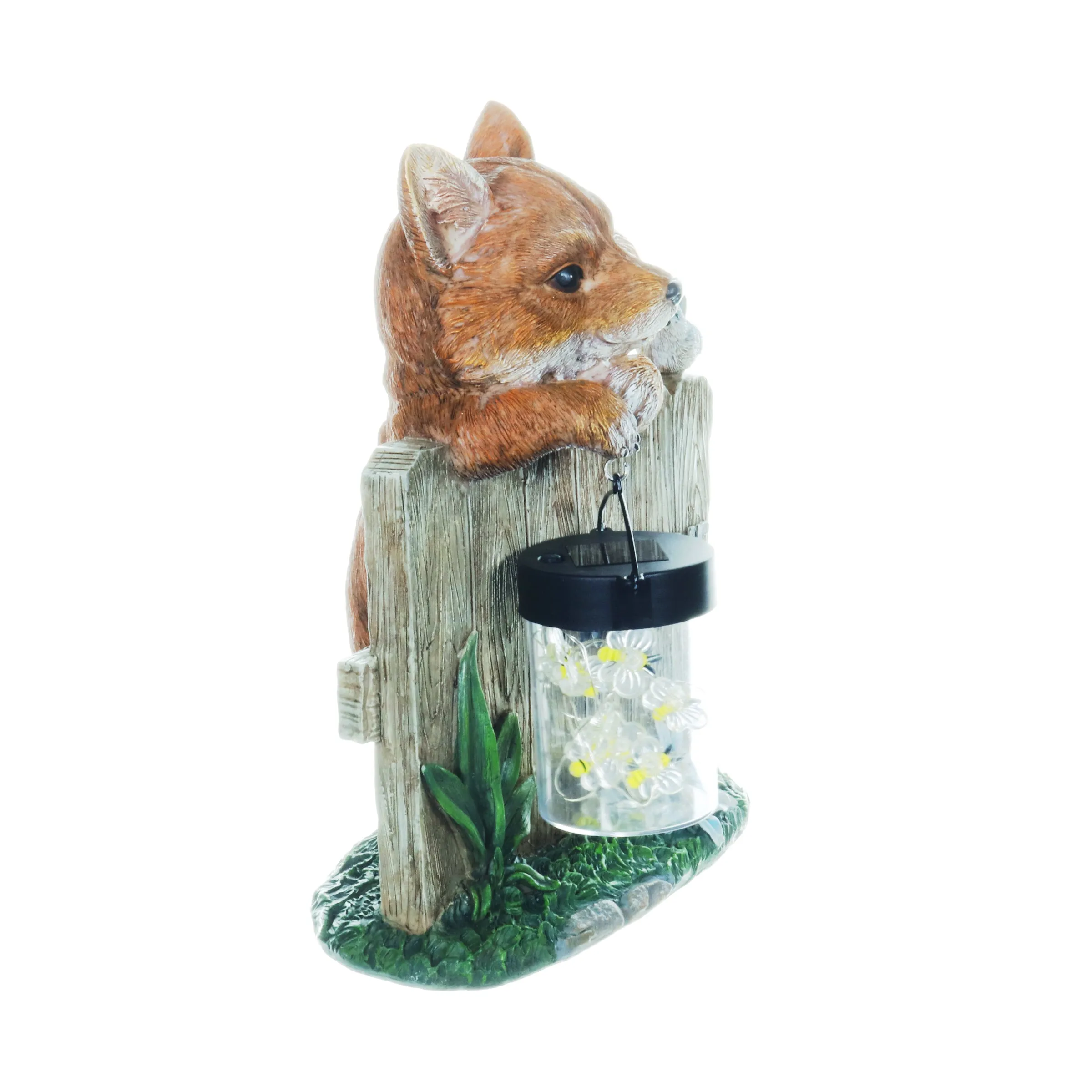 Solar Hand Painted Fox Garden Statue with a Lantern Jar of LED Bumblebees by a Welcome Fence, 9.5 by 11 Inches