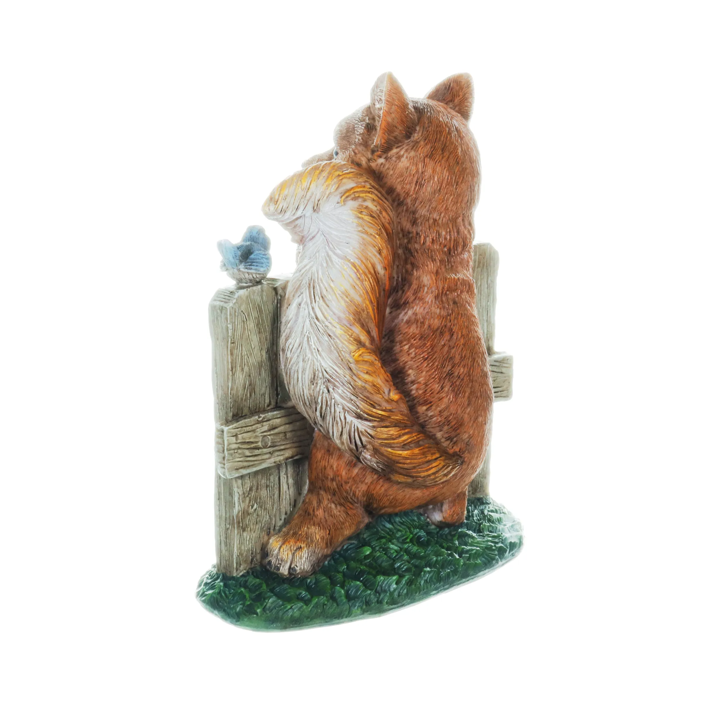 Solar Hand Painted Fox Garden Statue with a Lantern Jar of LED Bumblebees by a Welcome Fence, 9.5 by 11 Inches