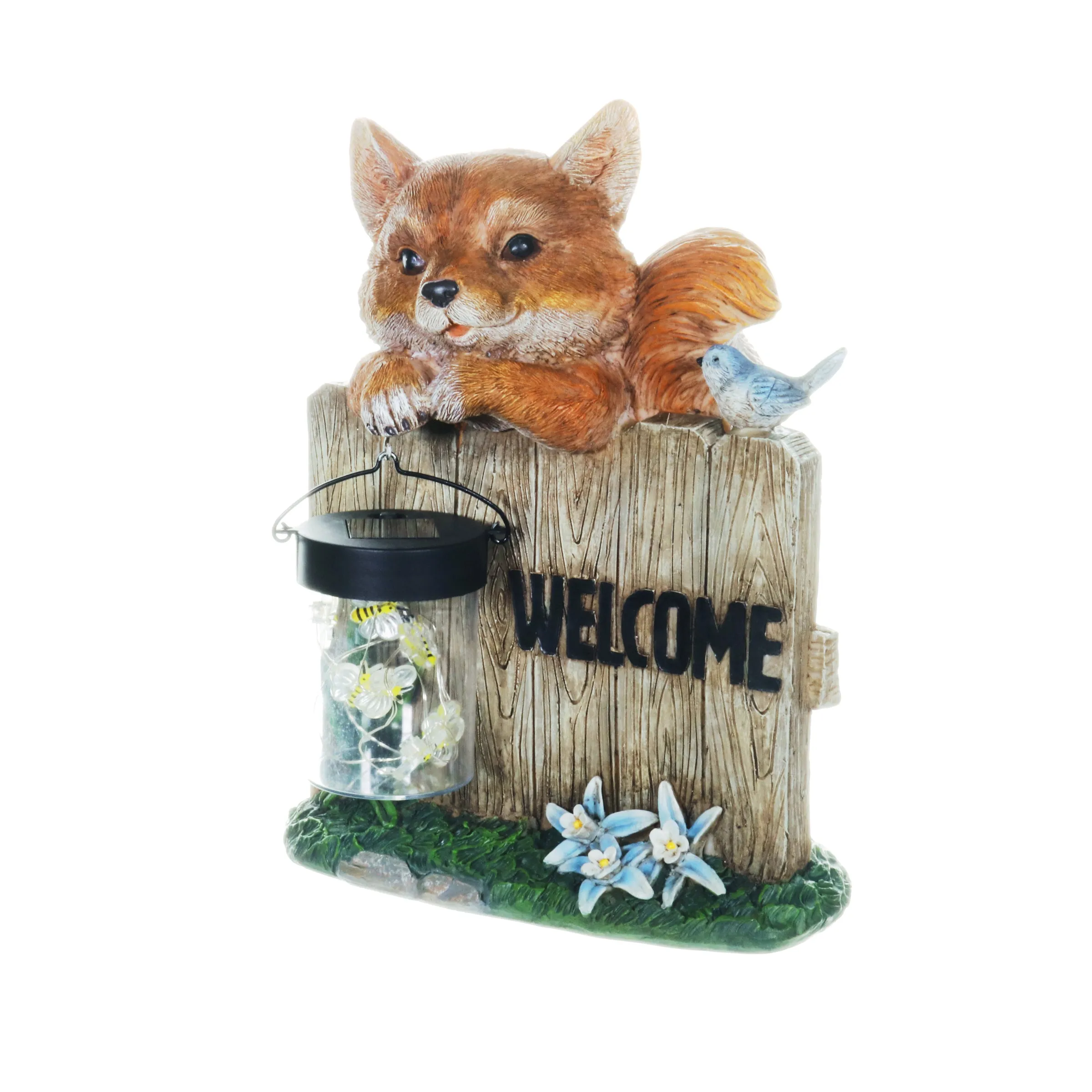 Solar Hand Painted Fox Garden Statue with a Lantern Jar of LED Bumblebees by a Welcome Fence, 9.5 by 11 Inches
