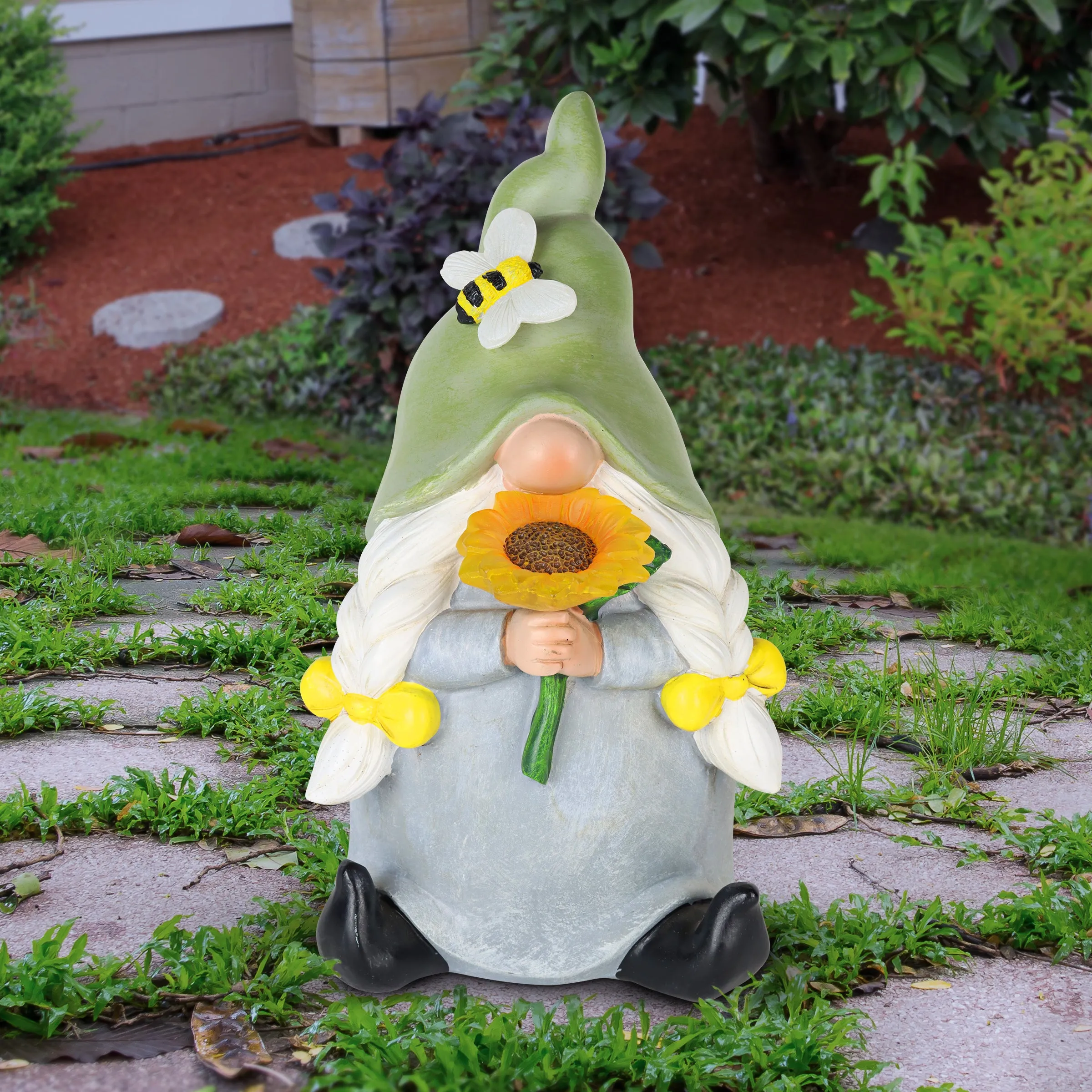 Solar Hand Painted Girl Gnome Garden Statue with Glowing Sunflower and Bumblebee, 6 by 9.5 Inches