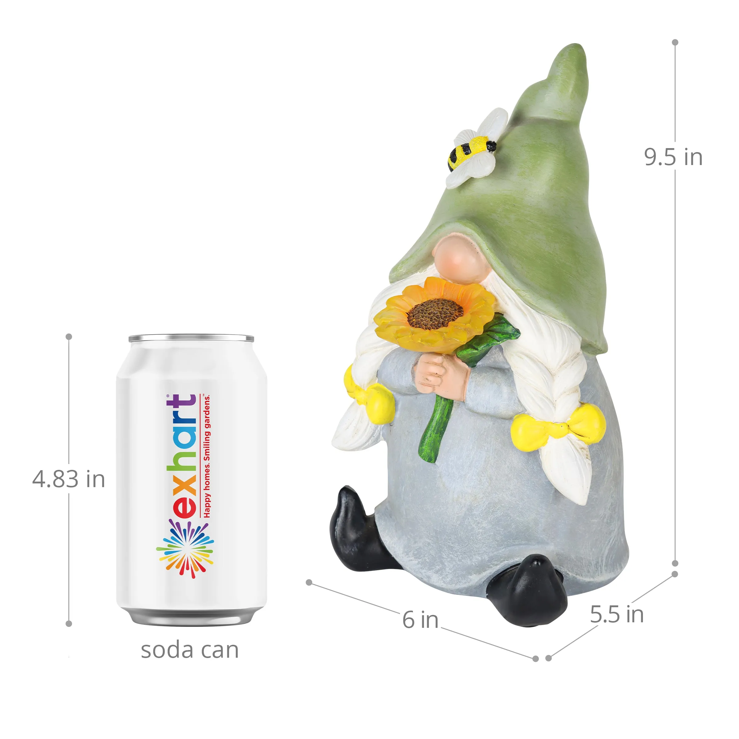 Solar Hand Painted Girl Gnome Garden Statue with Glowing Sunflower and Bumblebee, 6 by 9.5 Inches