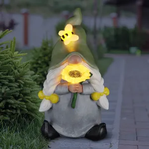 Solar Hand Painted Girl Gnome Garden Statue with Glowing Sunflower and Bumblebee, 6 by 9.5 Inches