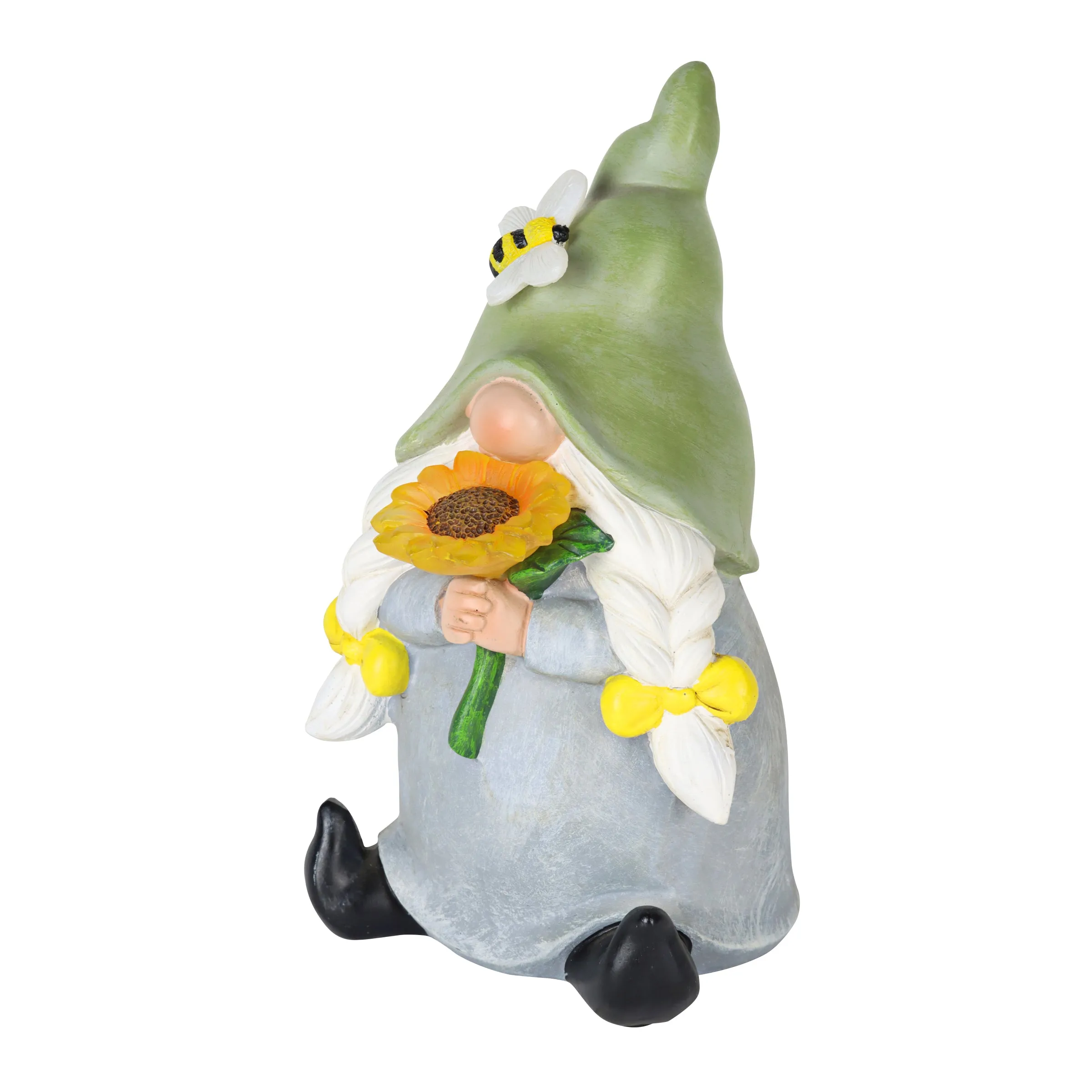 Solar Hand Painted Girl Gnome Garden Statue with Glowing Sunflower and Bumblebee, 6 by 9.5 Inches