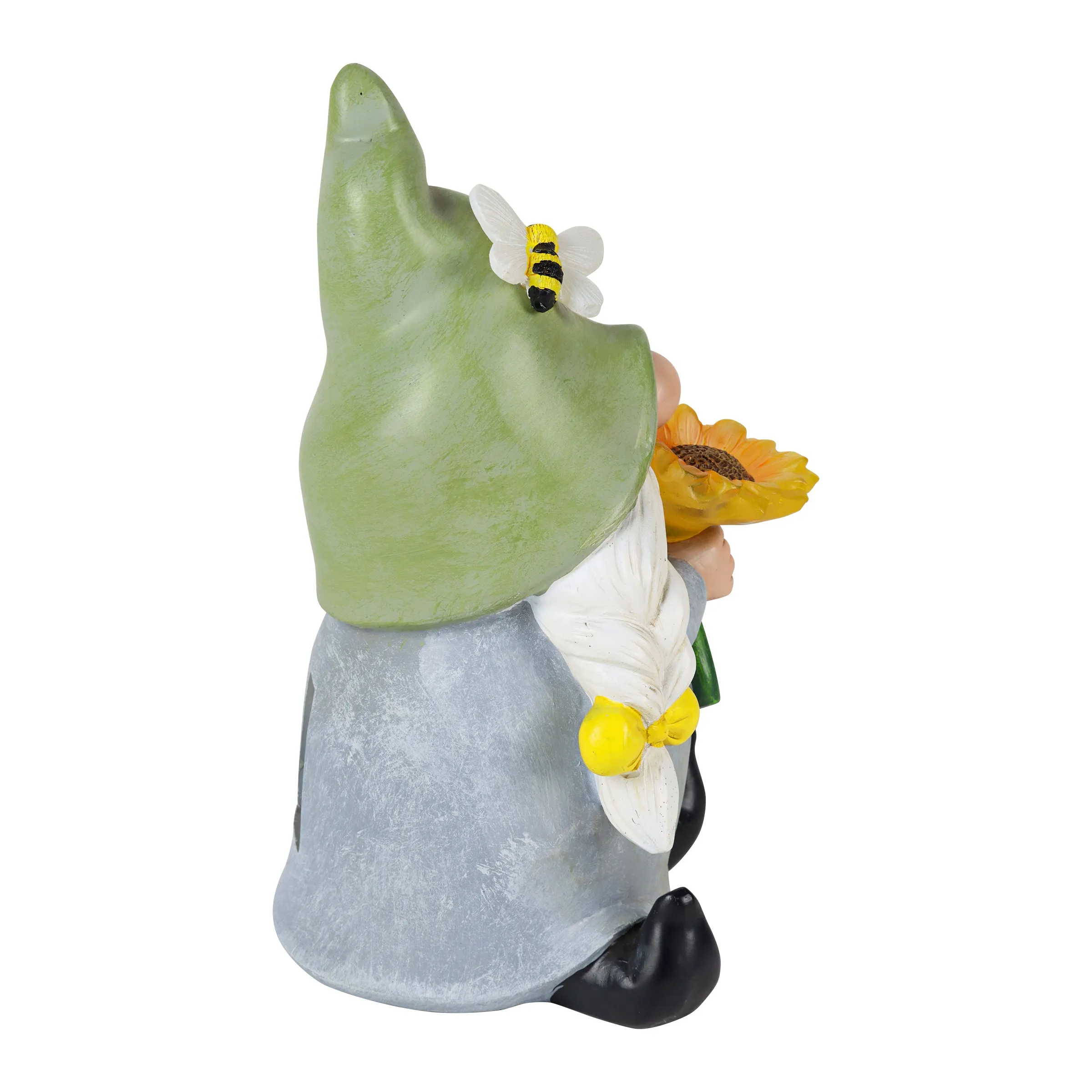 Solar Hand Painted Girl Gnome Garden Statue with Glowing Sunflower and Bumblebee, 6 by 9.5 Inches