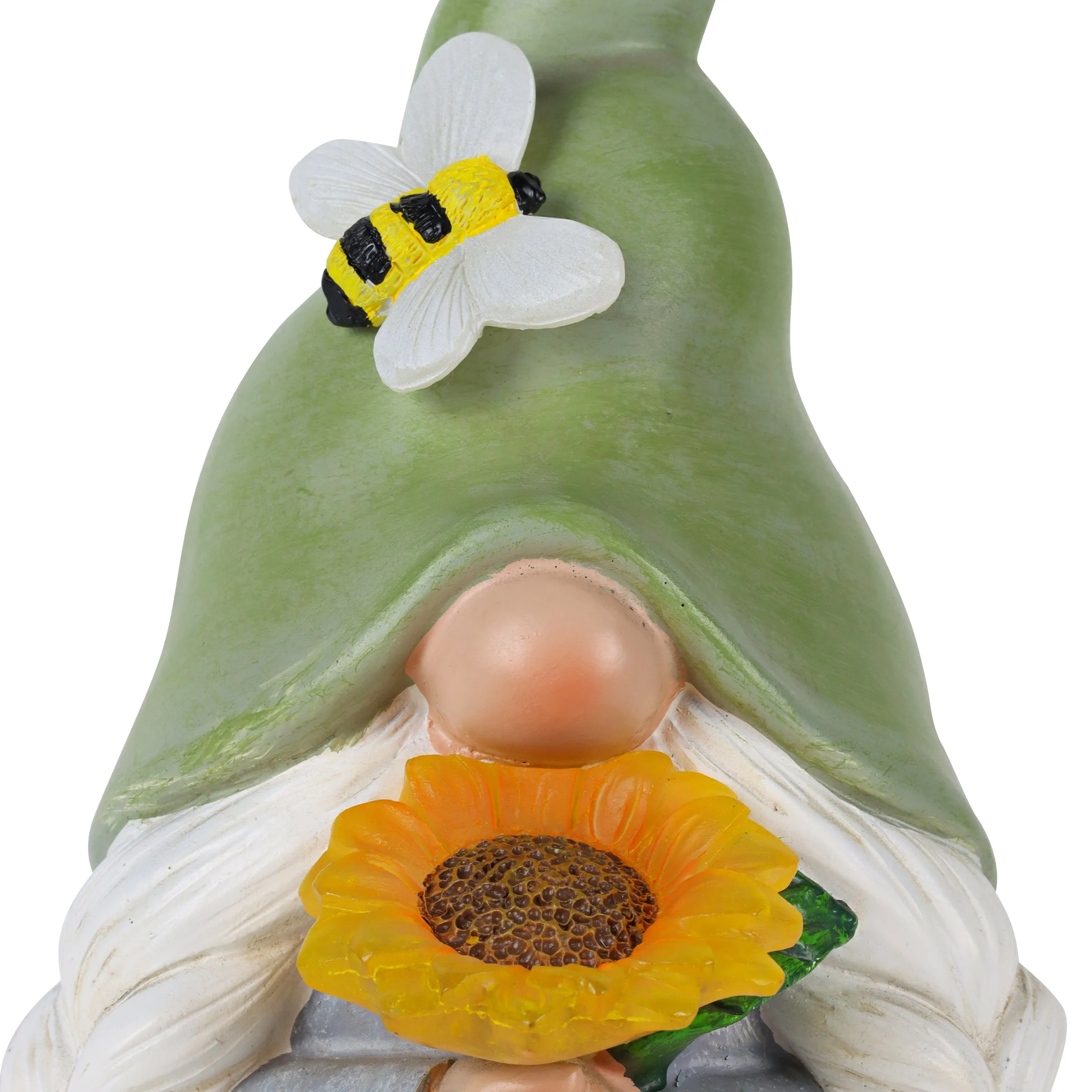 Solar Hand Painted Girl Gnome Garden Statue with Glowing Sunflower and Bumblebee, 6 by 9.5 Inches
