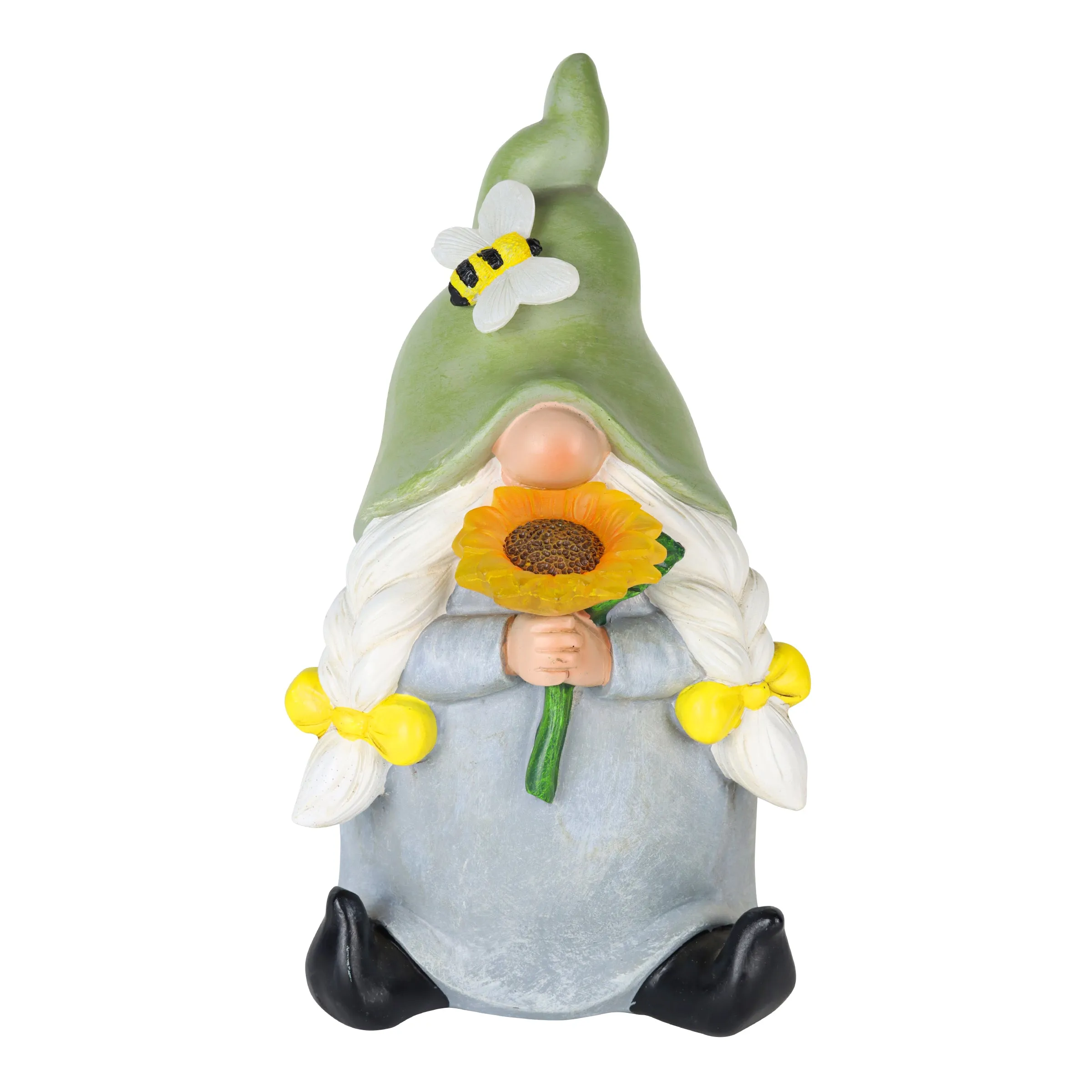 Solar Hand Painted Girl Gnome Garden Statue with Glowing Sunflower and Bumblebee, 6 by 9.5 Inches