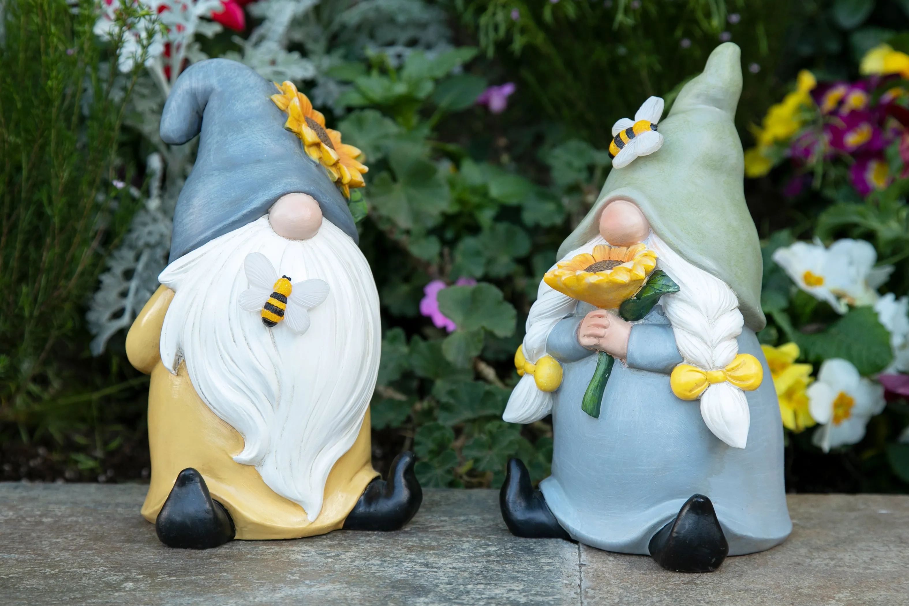 Solar Hand Painted Girl Gnome Garden Statue with Glowing Sunflower and Bumblebee, 6 by 9.5 Inches
