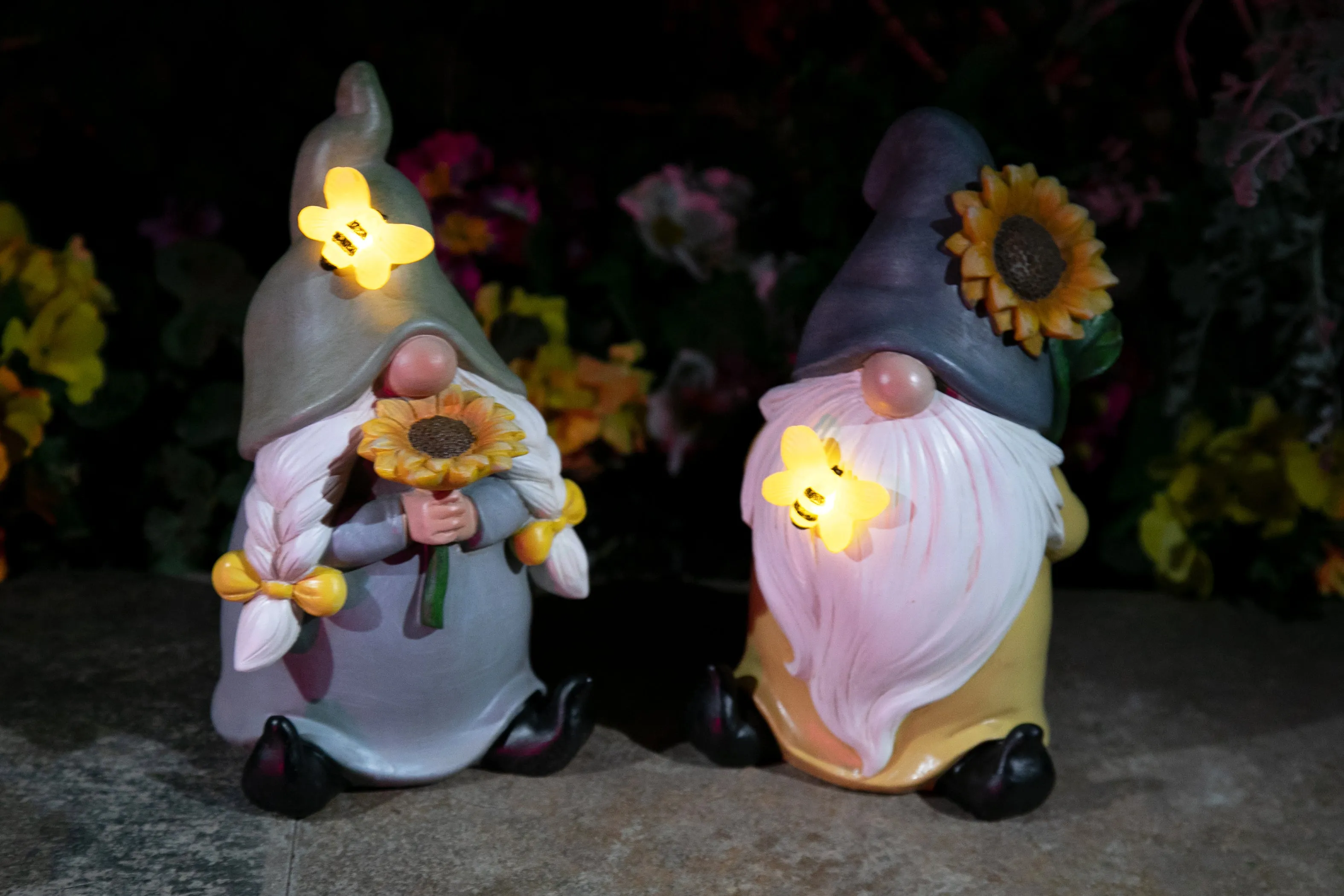 Solar Hand Painted Girl Gnome Garden Statue with Glowing Sunflower and Bumblebee, 6 by 9.5 Inches