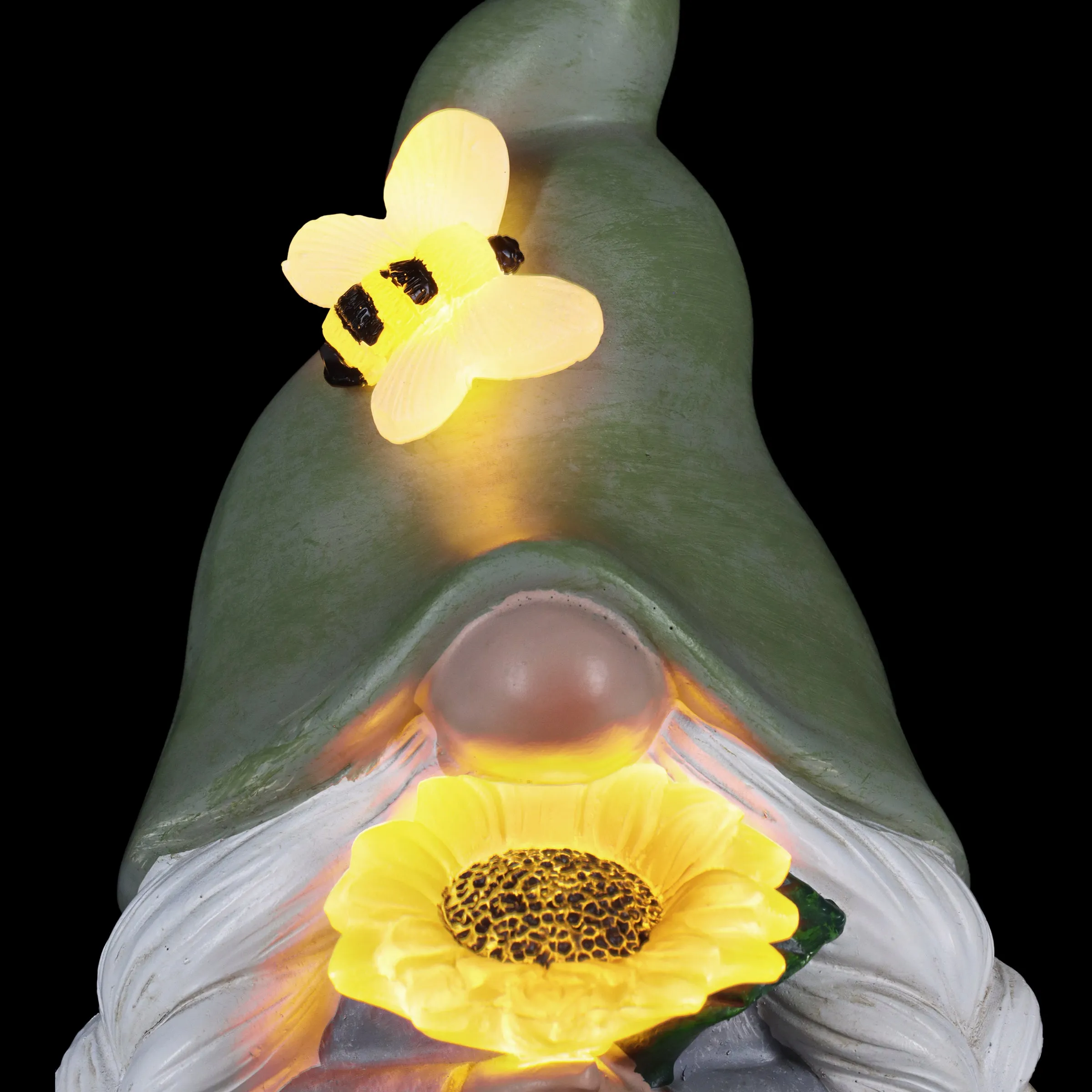 Solar Hand Painted Girl Gnome Garden Statue with Glowing Sunflower and Bumblebee, 6 by 9.5 Inches