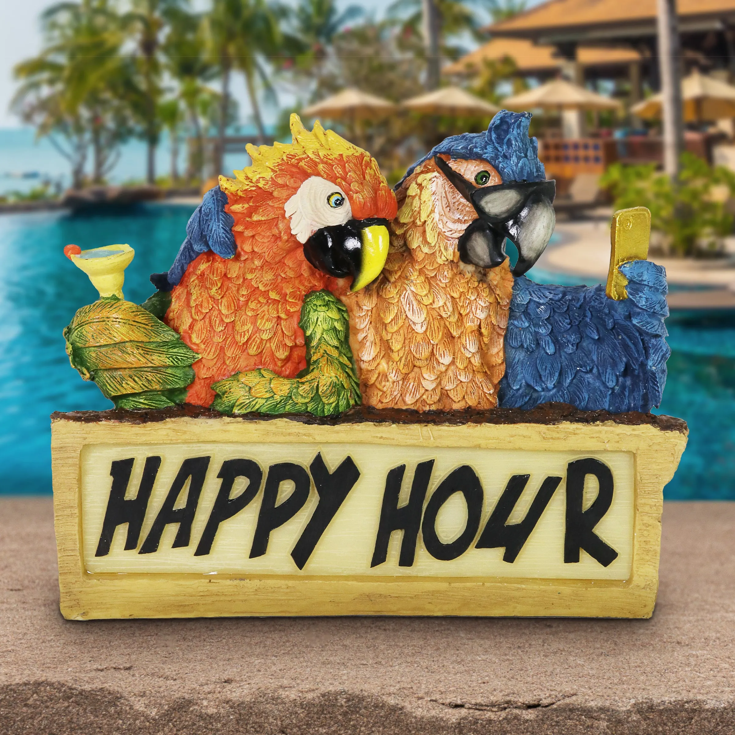 Solar Happy Hour Parrot Marquee Garden Statue, 12 by 10 Inches