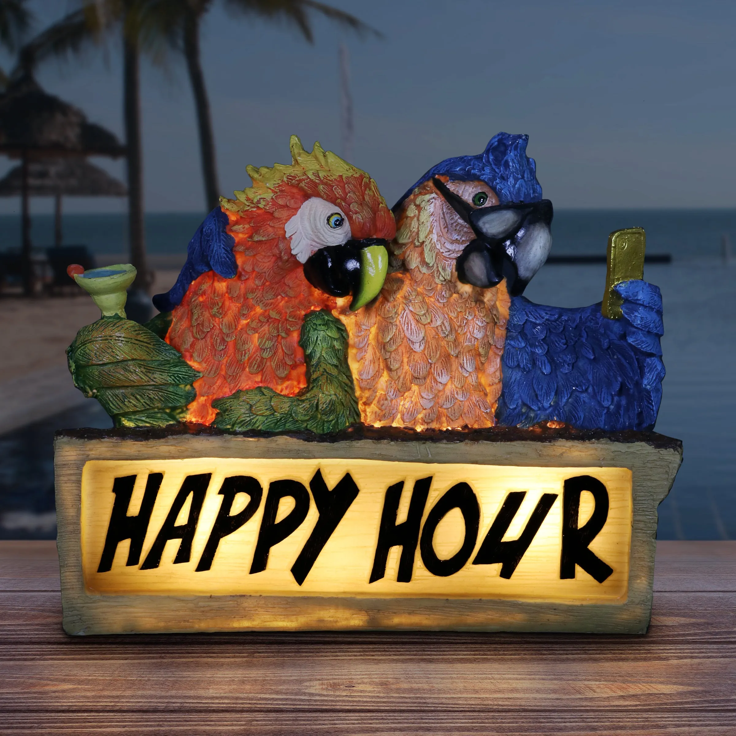 Solar Happy Hour Parrot Marquee Garden Statue, 12 by 10 Inches