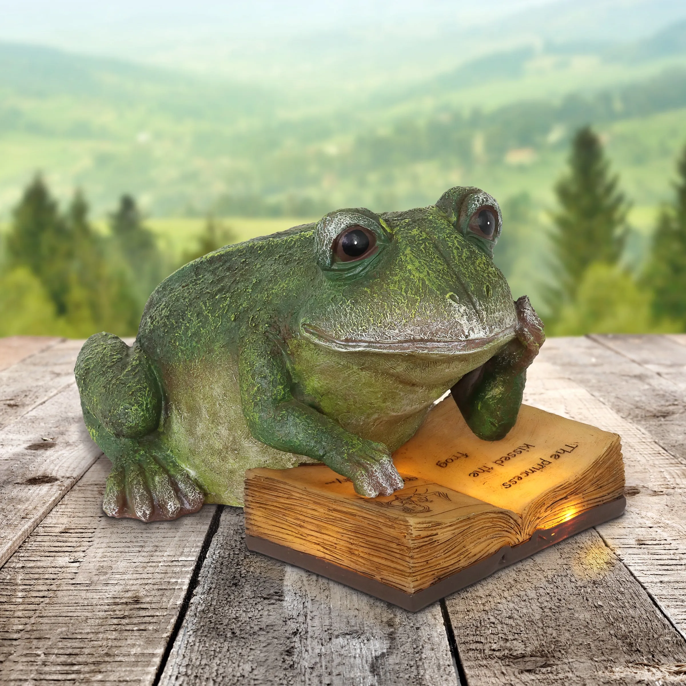 Solar Reading Frog with Book Garden Statue, 10 by 7 Inches