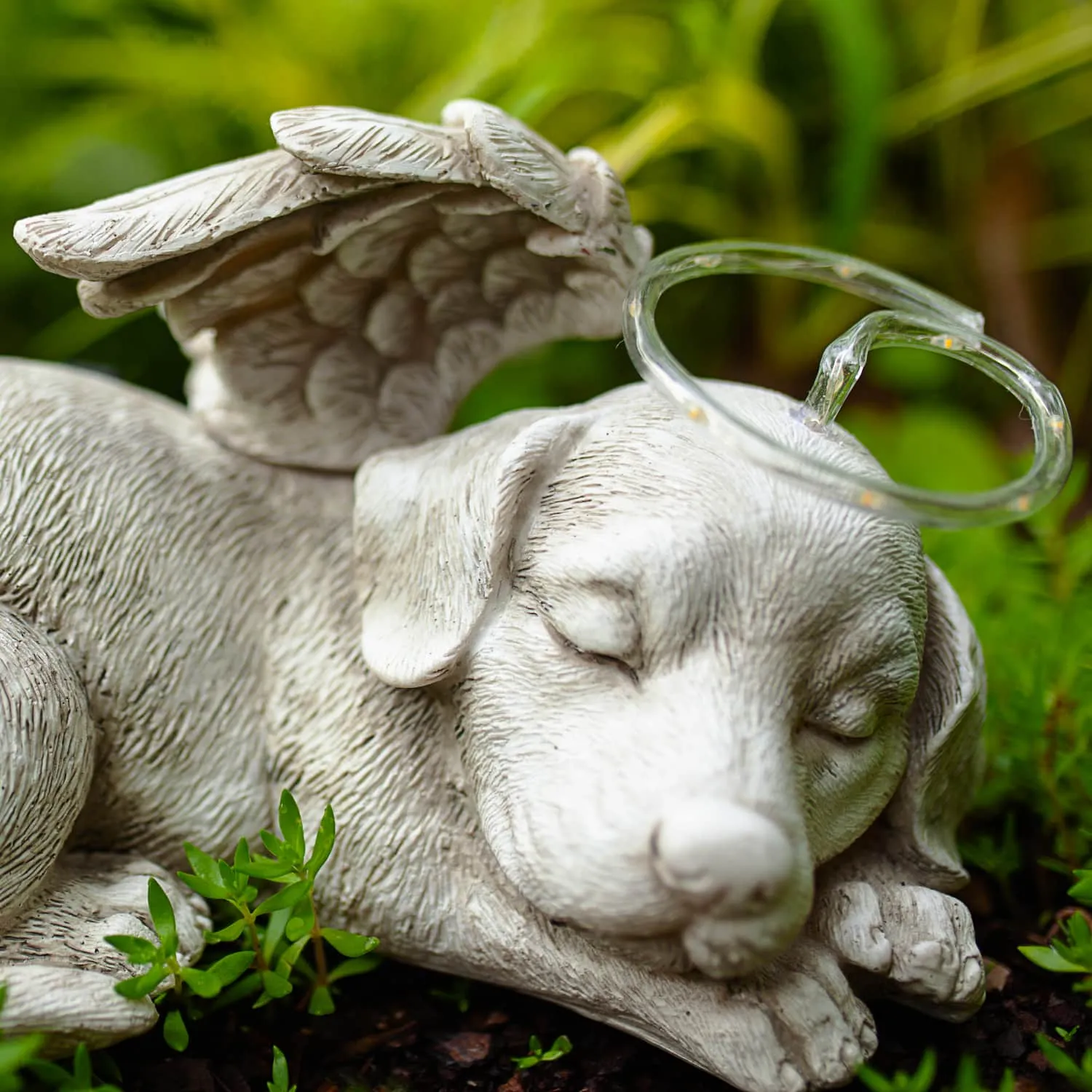 Solar Sleeping Dog with Halo and Angel Wings Memorial Garden Statue, 12 by 7 Inches