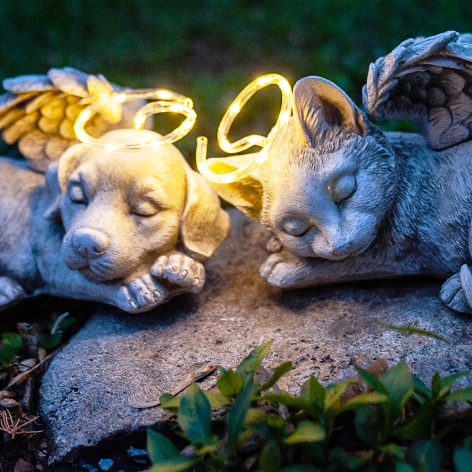 Solar Sleeping Dog with Halo and Angel Wings Memorial Garden Statue, 12 by 7 Inches