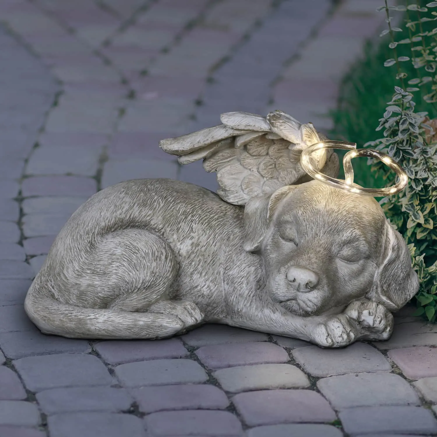 Solar Sleeping Dog with Halo and Angel Wings Memorial Garden Statue, 12 by 7 Inches