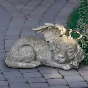 Solar Sleeping Dog with Halo and Angel Wings Memorial Garden Statue, 12 by 7 Inches