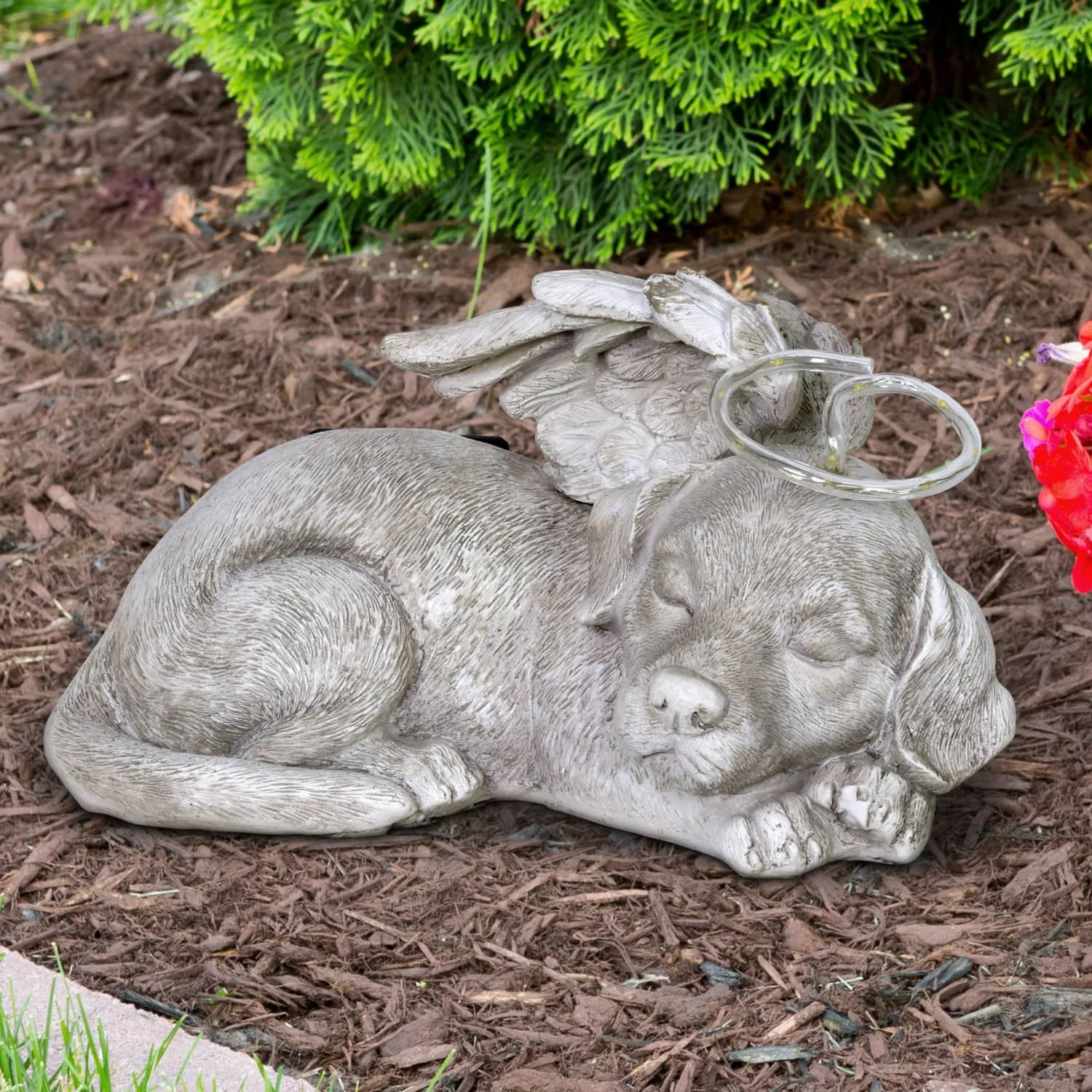 Solar Sleeping Dog with Halo and Angel Wings Memorial Garden Statue, 12 by 7 Inches