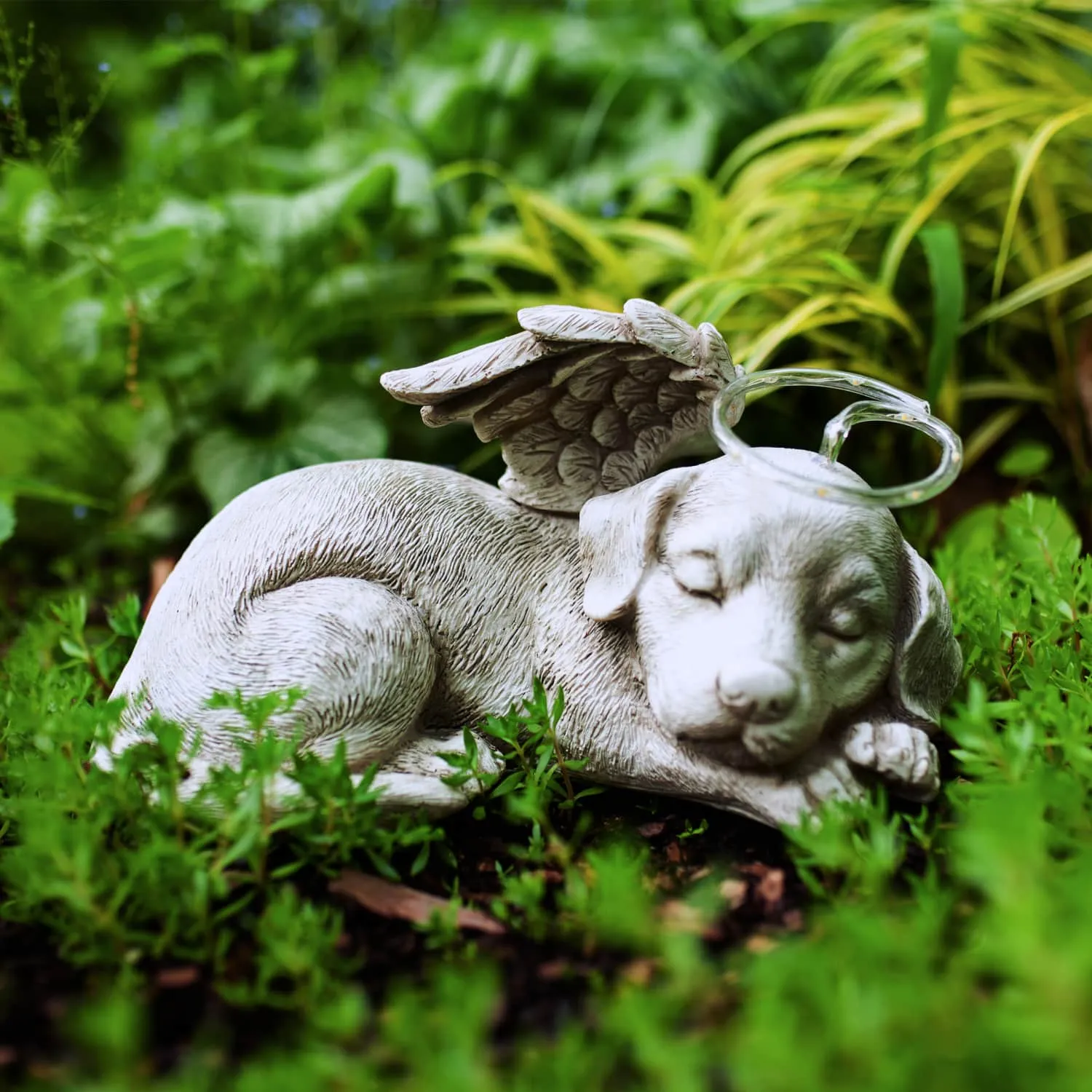 Solar Sleeping Dog with Halo and Angel Wings Memorial Garden Statue, 12 by 7 Inches