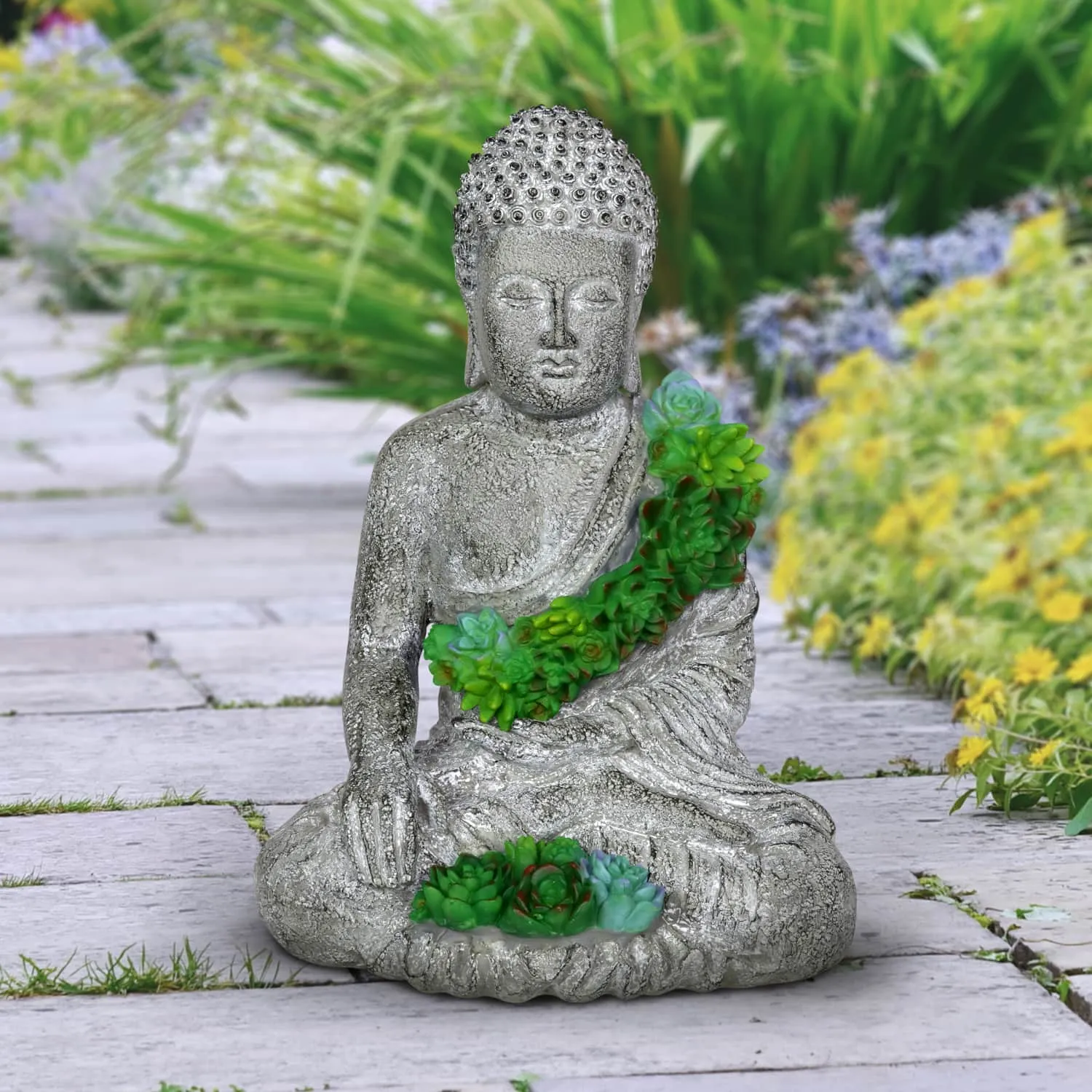 Solar Succulent Adorned Buddha, 10 by 14 Inches