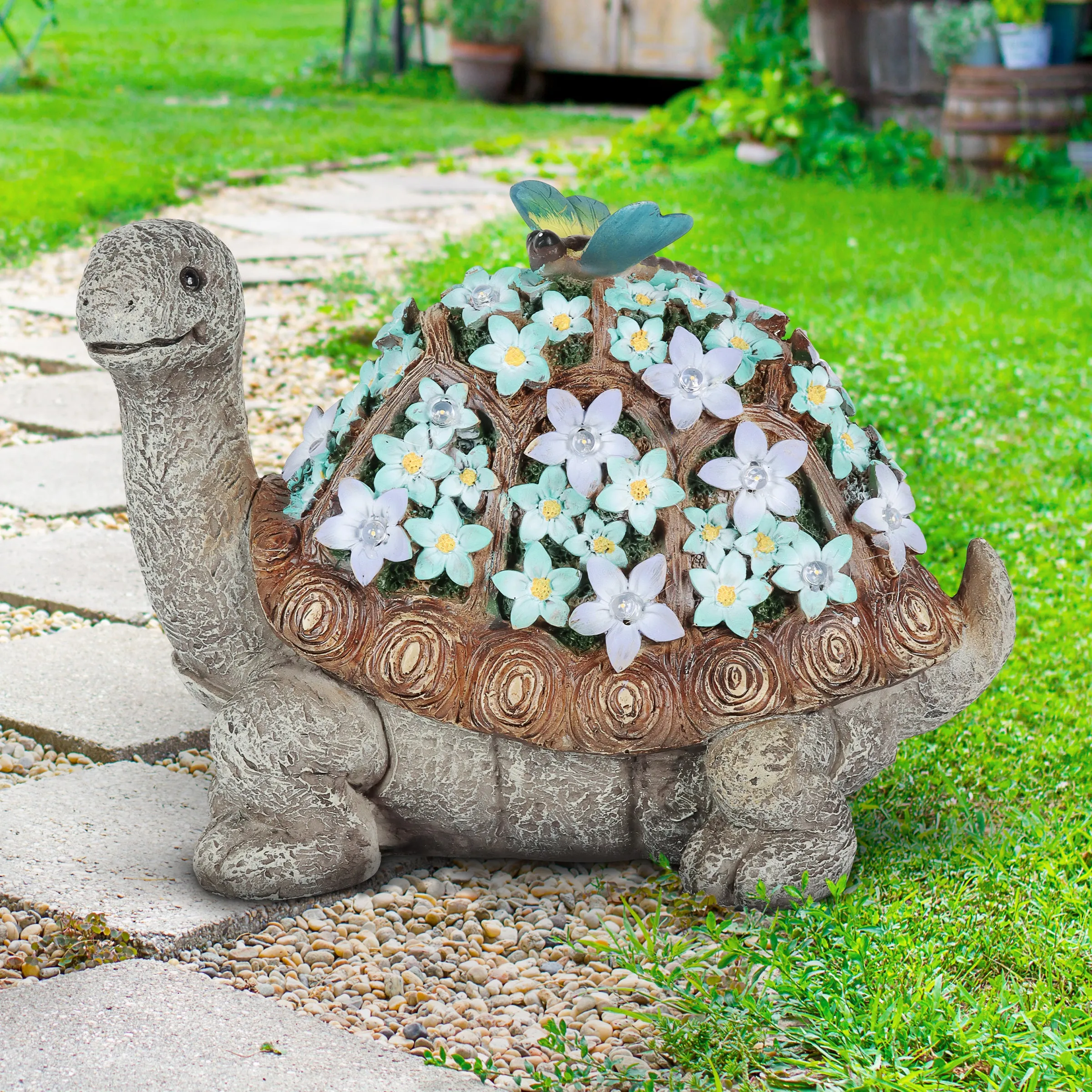 Solar Turtle Statue with Flower Shell, 10 Inch