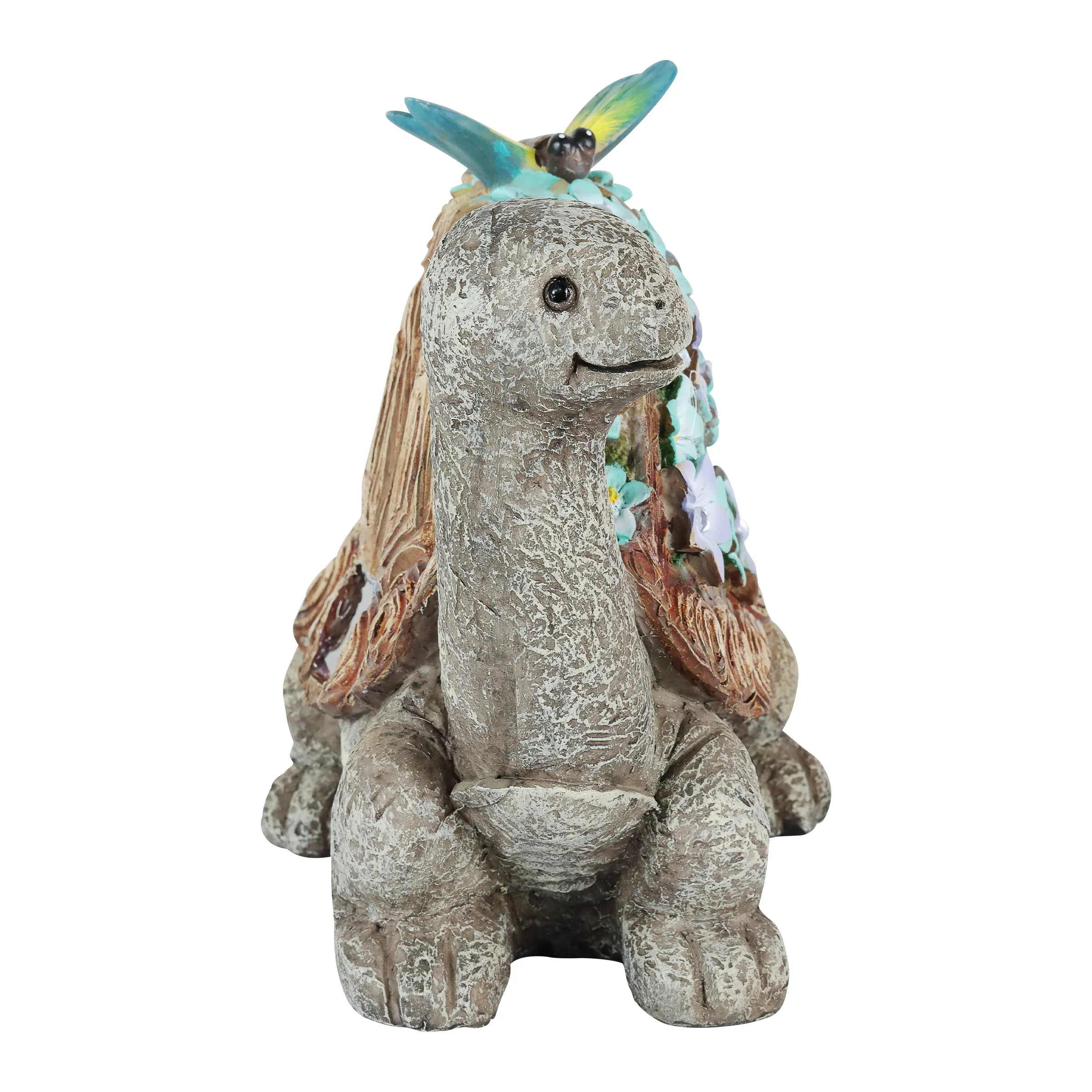 Solar Turtle Statue with Flower Shell, 10 Inch