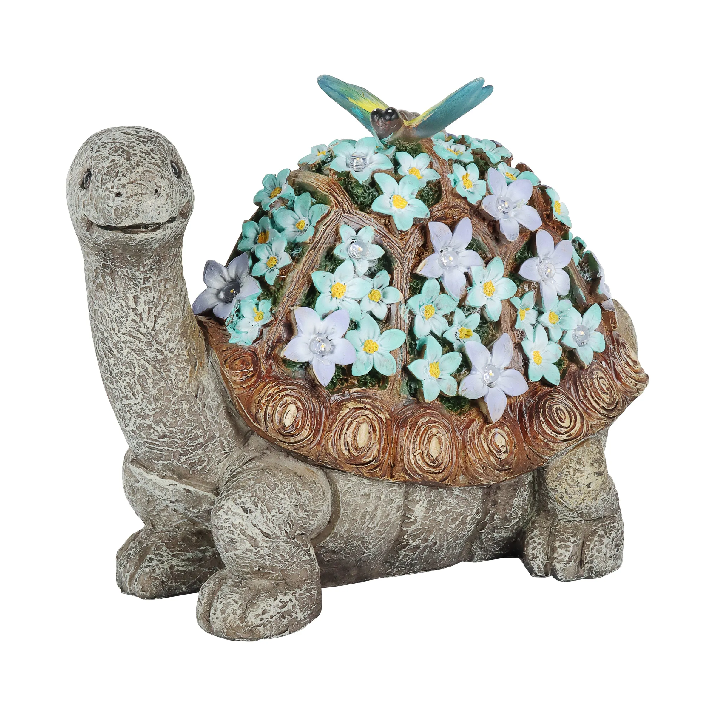 Solar Turtle Statue with Flower Shell, 10 Inch