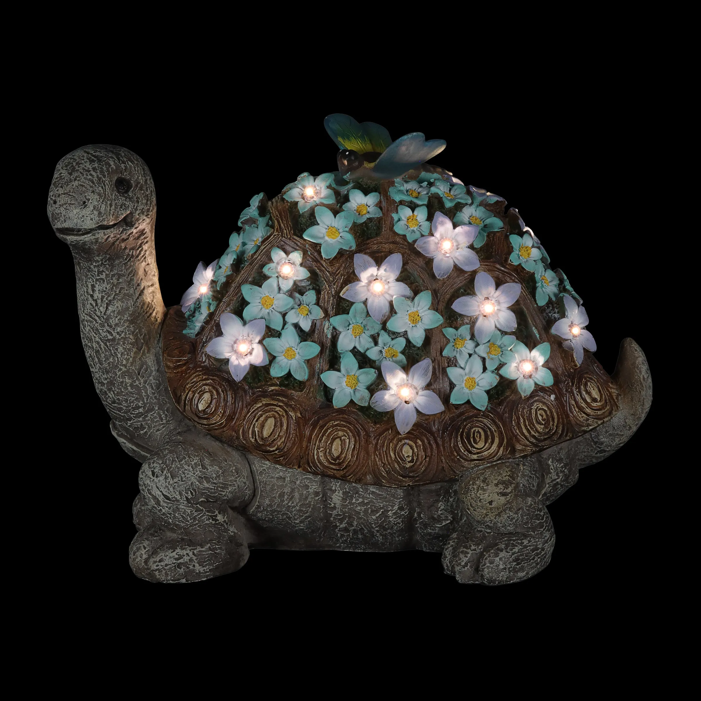 Solar Turtle Statue with Flower Shell, 10 Inch