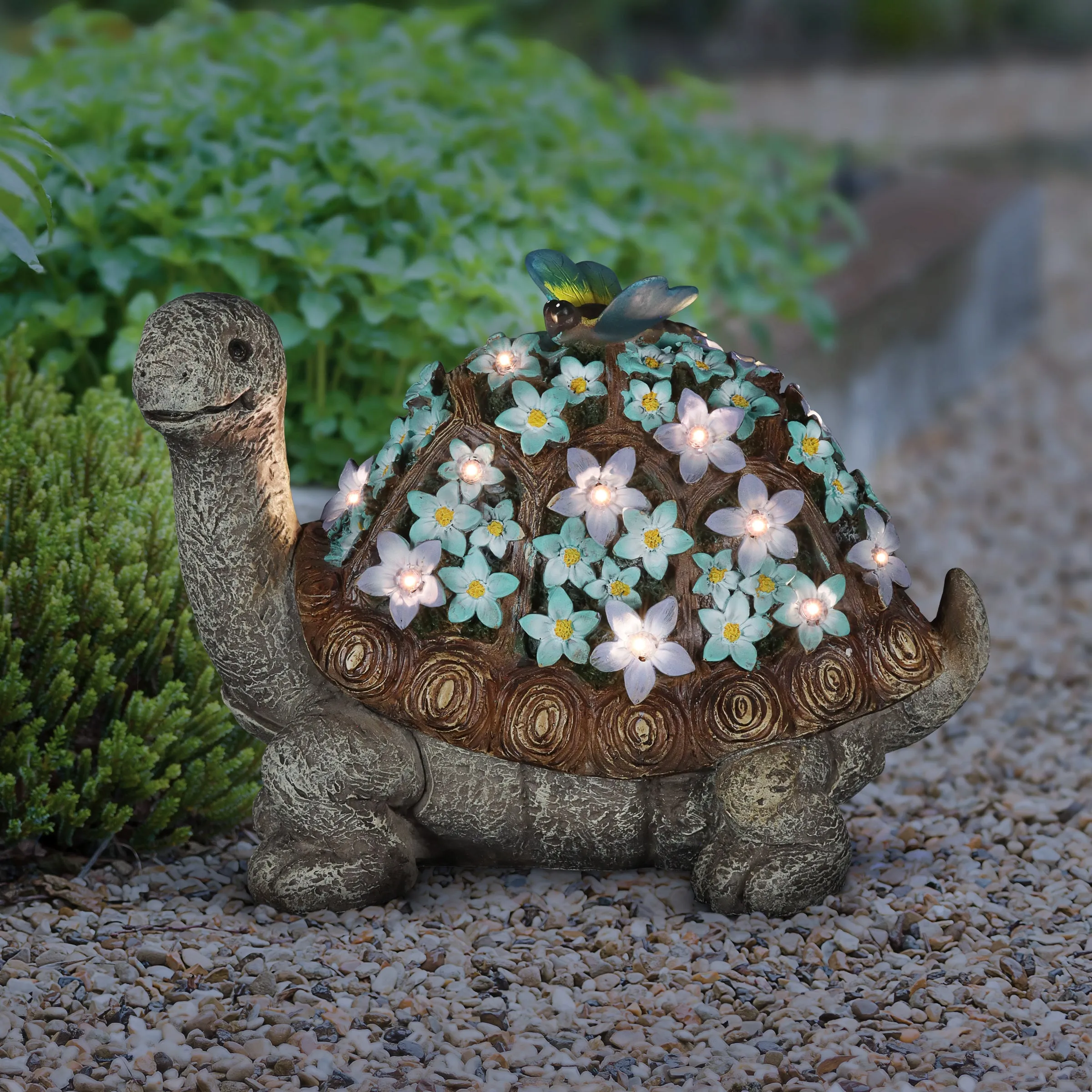 Solar Turtle Statue with Flower Shell, 10 Inch