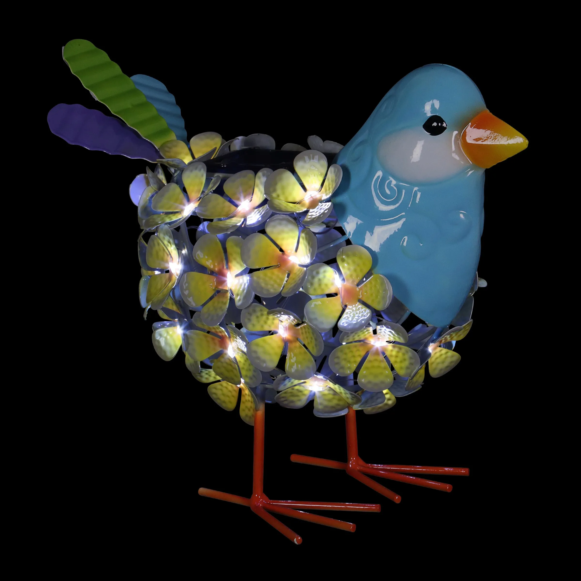 Solar Yellow Metal Song Bird with 38 LEDs in a Flower Body Garden Statue, 6 by 7.5 Inches
